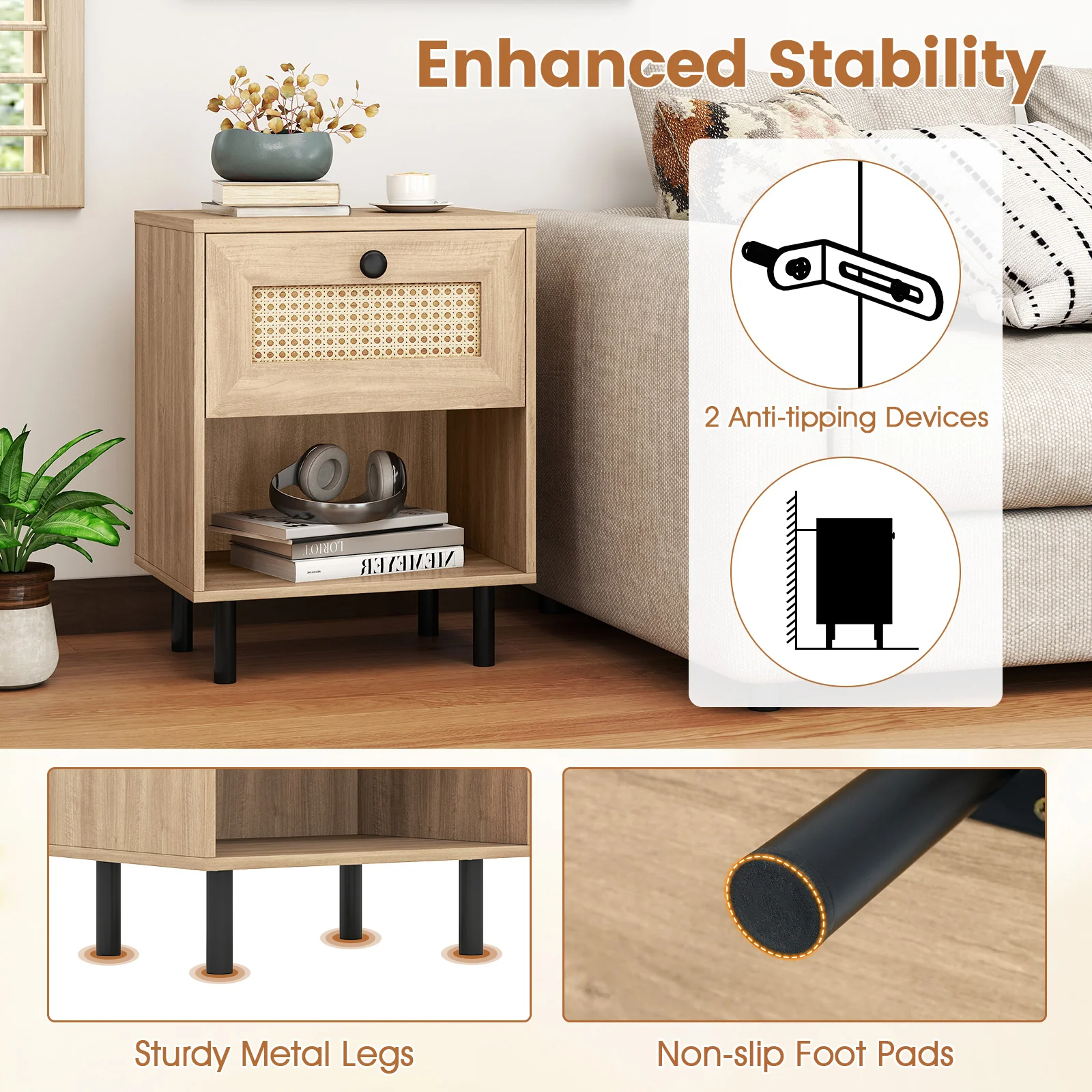 Rattan Nightstand, Boho End Table With Drawer, Open Shelf, Set Of 2, Natural - Image 10