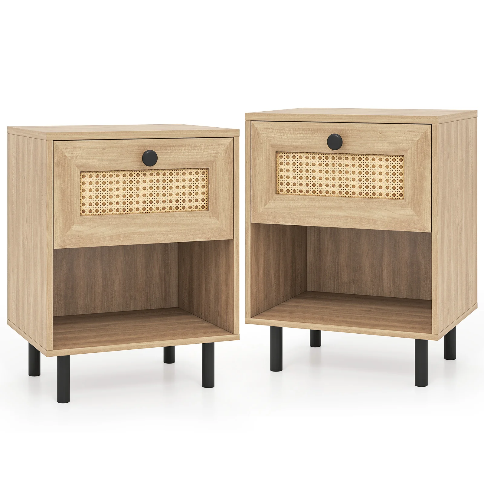 Rattan Nightstand, Boho End Table With Drawer, Open Shelf, Set Of 2, Natural - Image 5