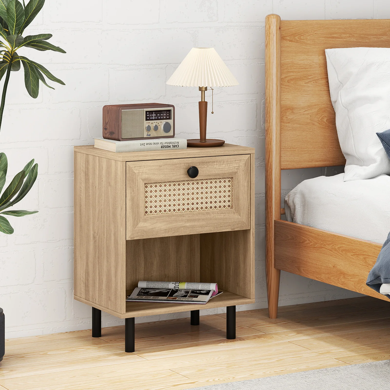 Rattan Nightstand, Boho End Table With Drawer, Open Shelf, Set Of 2, Natural - Image 7