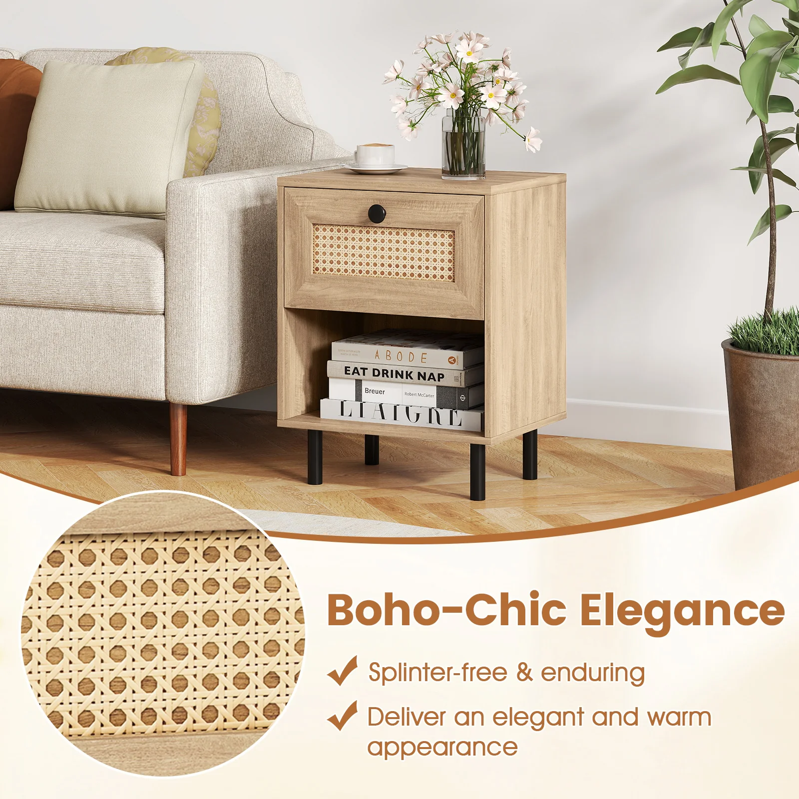 Rattan Nightstand, Boho End Table With Drawer, Open Shelf, Set Of 2, Natural - Image 8