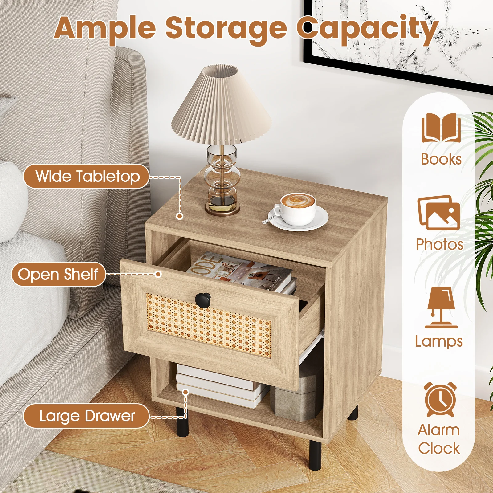 Rattan Nightstand, Boho End Table With Drawer, Open Shelf, Set Of 2, Natural - Image 9