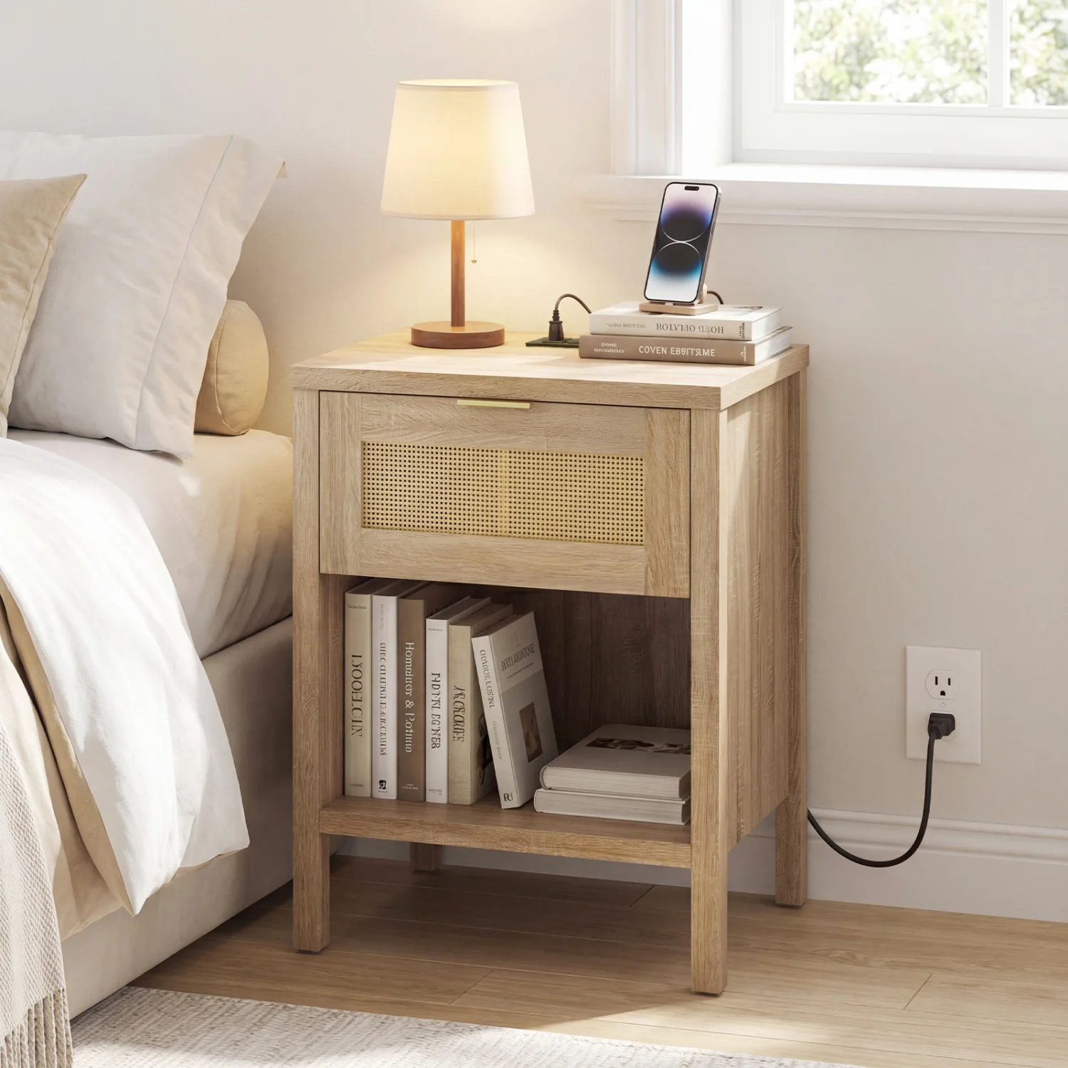 Rattan Nightstand With Charging Station, Oak - Image 2