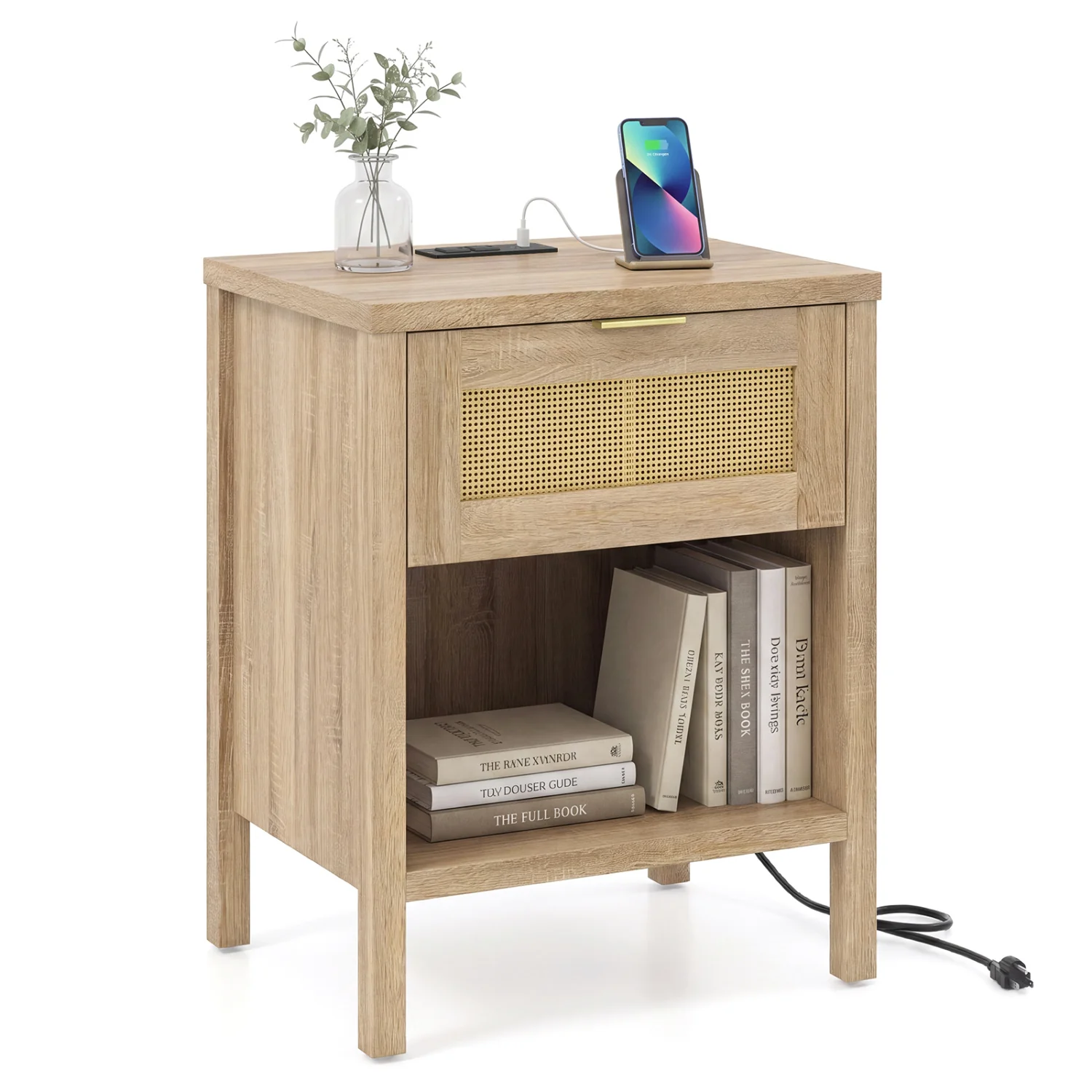 Rattan Nightstand With Charging Station, Oak - Image 4