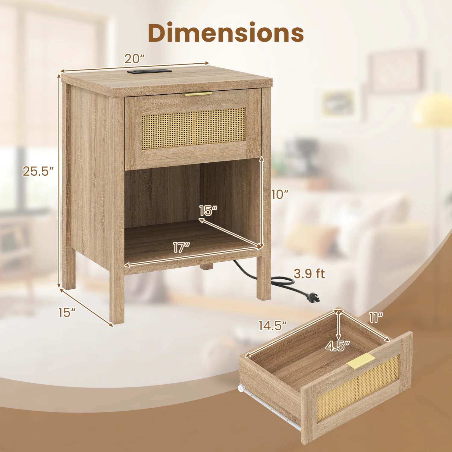 Rattan Nightstand With Charging Station, Oak - Image 5