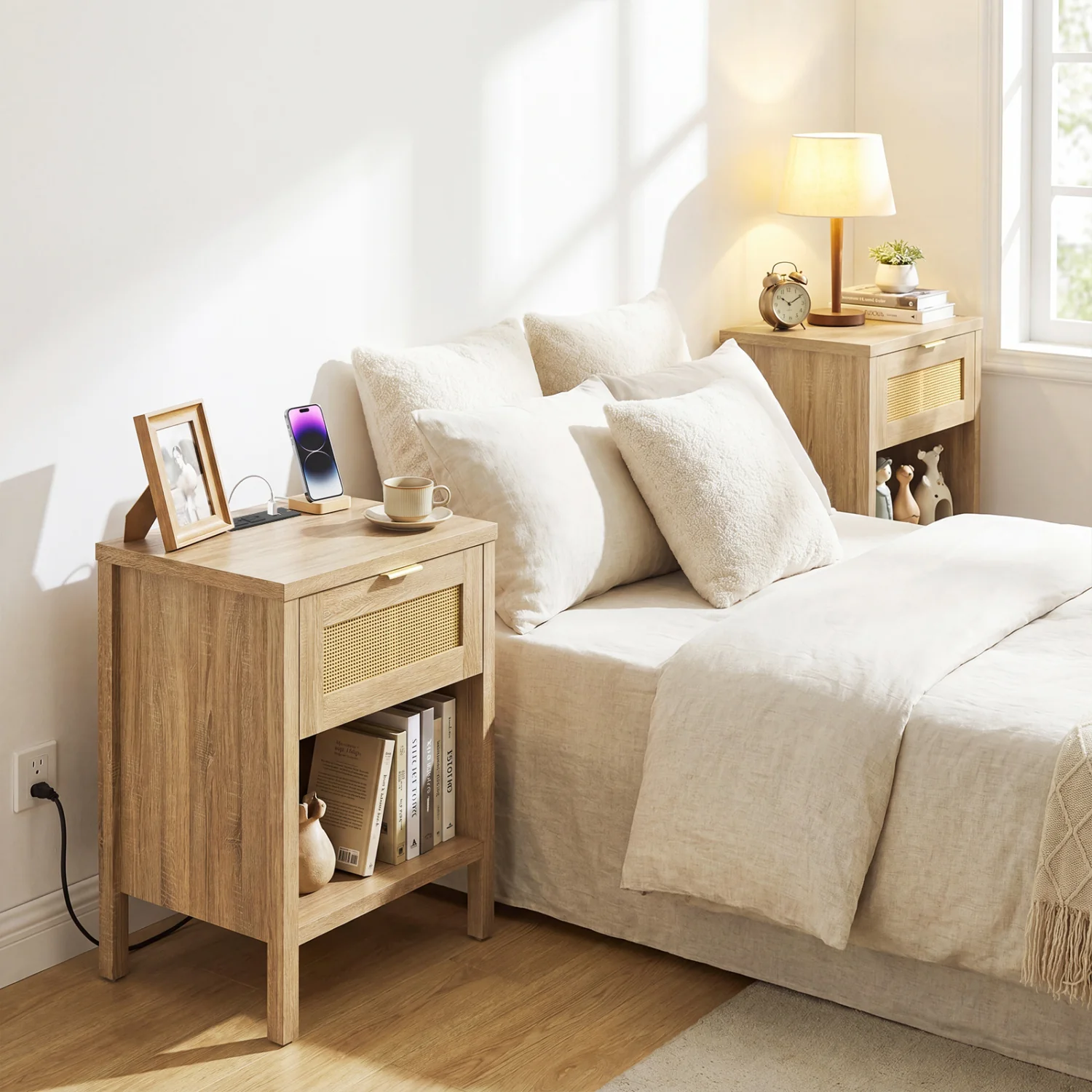 Rattan Nightstand With Charging Station, Oak - Image 6