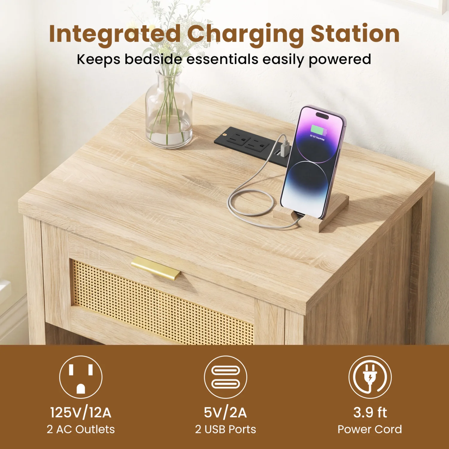 Rattan Nightstand With Charging Station, Oak - Image 7