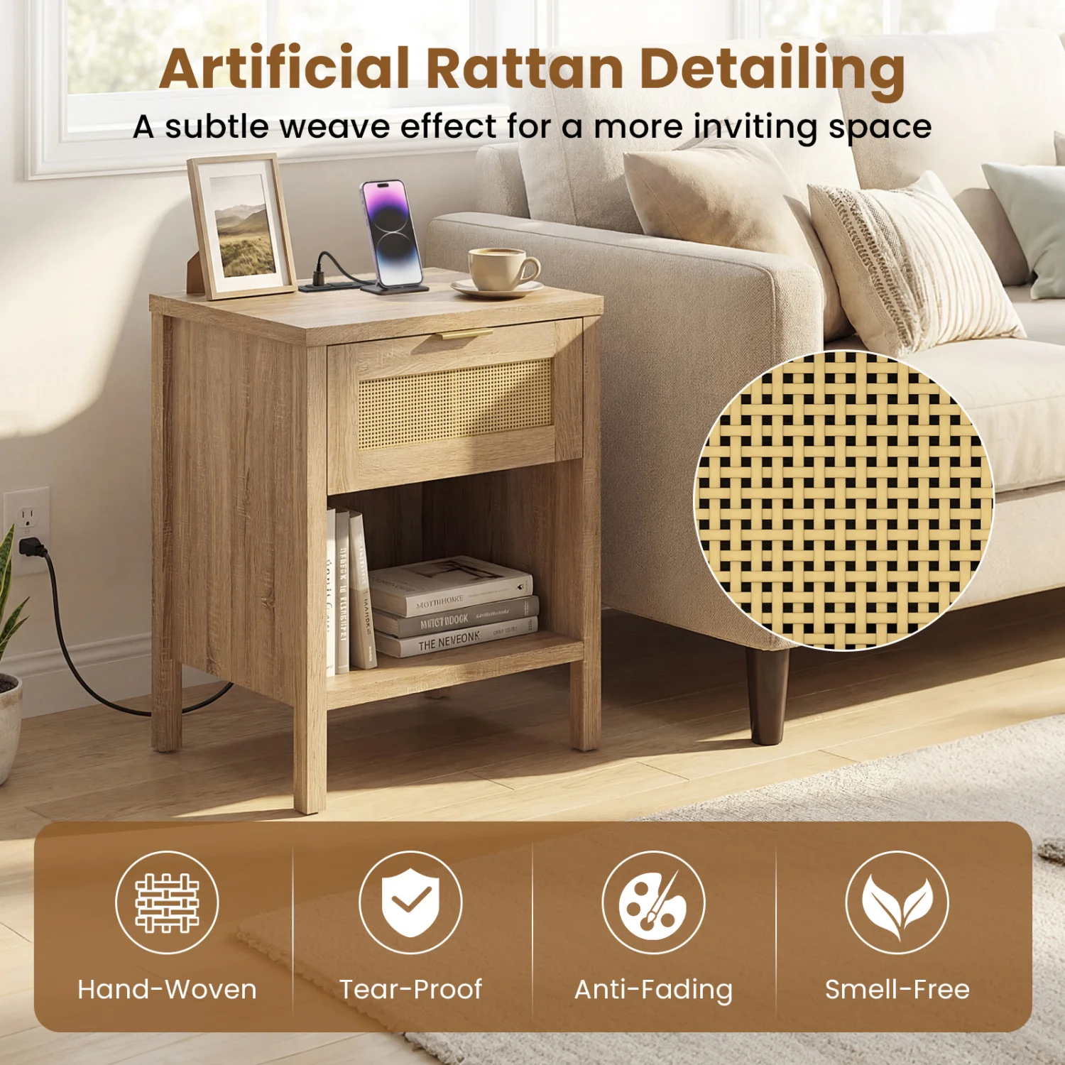 Rattan Nightstand With Charging Station, Oak - Image 9