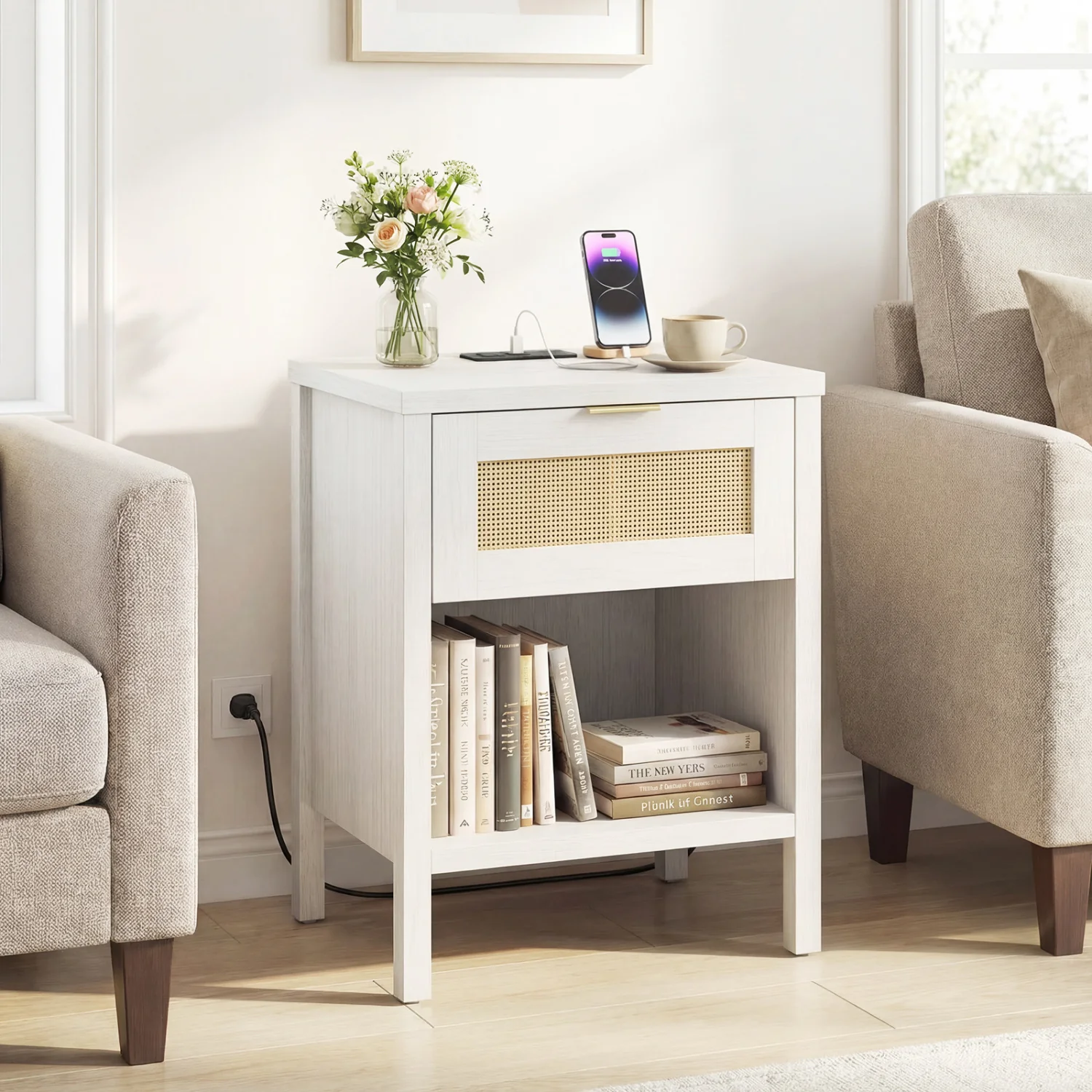 Rattan Nightstand with Charging Station, White - Image 3