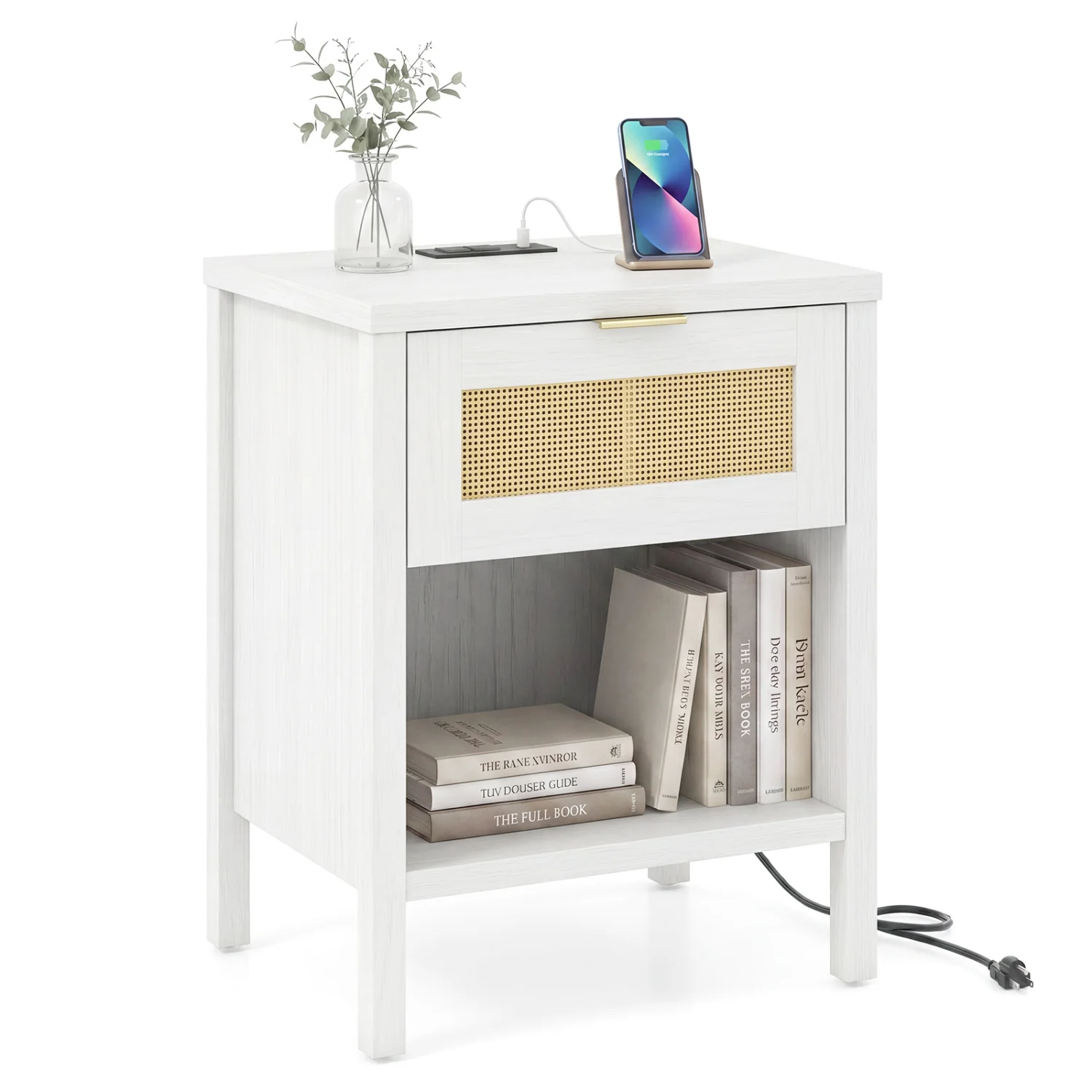 Rattan Nightstand with Charging Station, White - Image 4