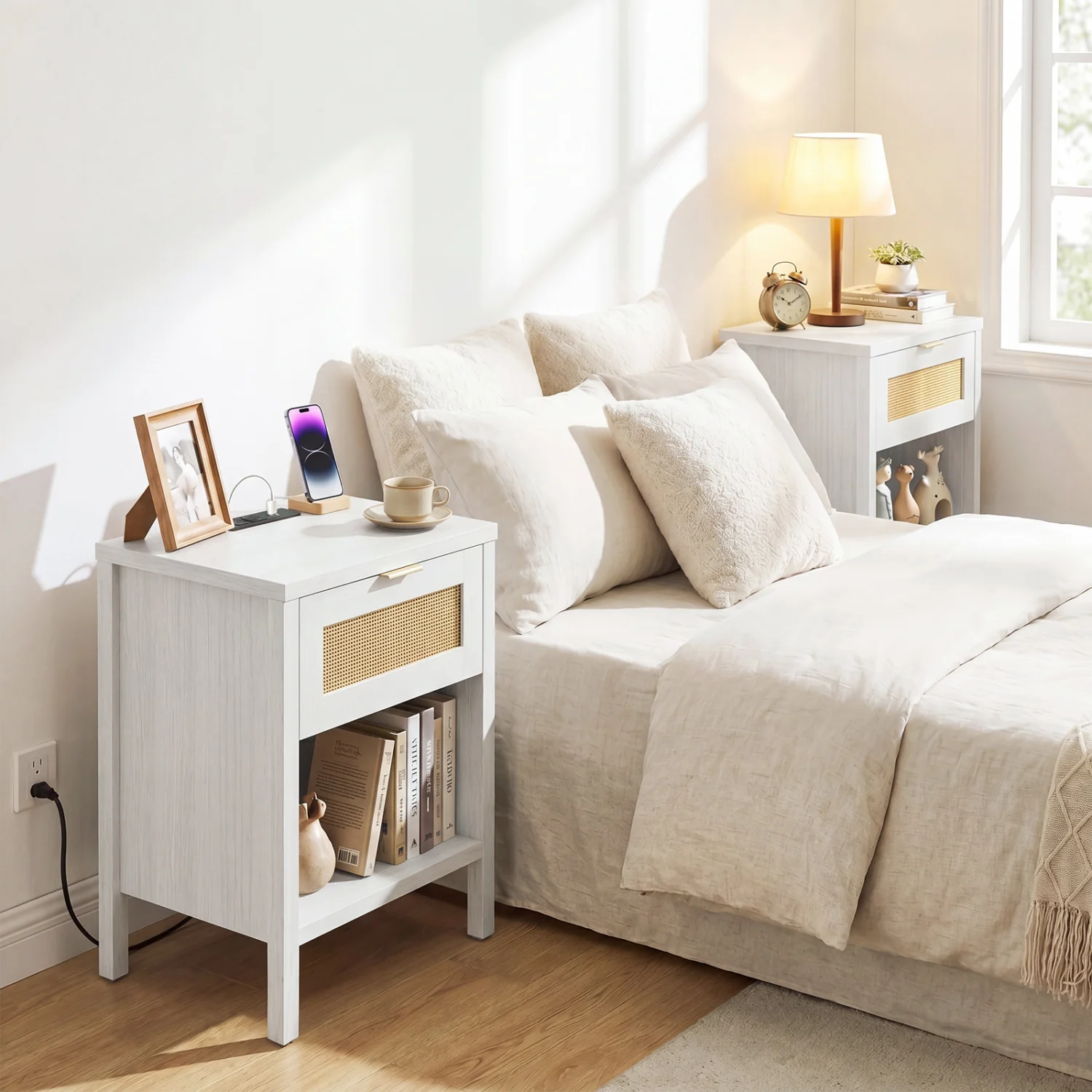 Rattan Nightstand with Charging Station, White - Image 6