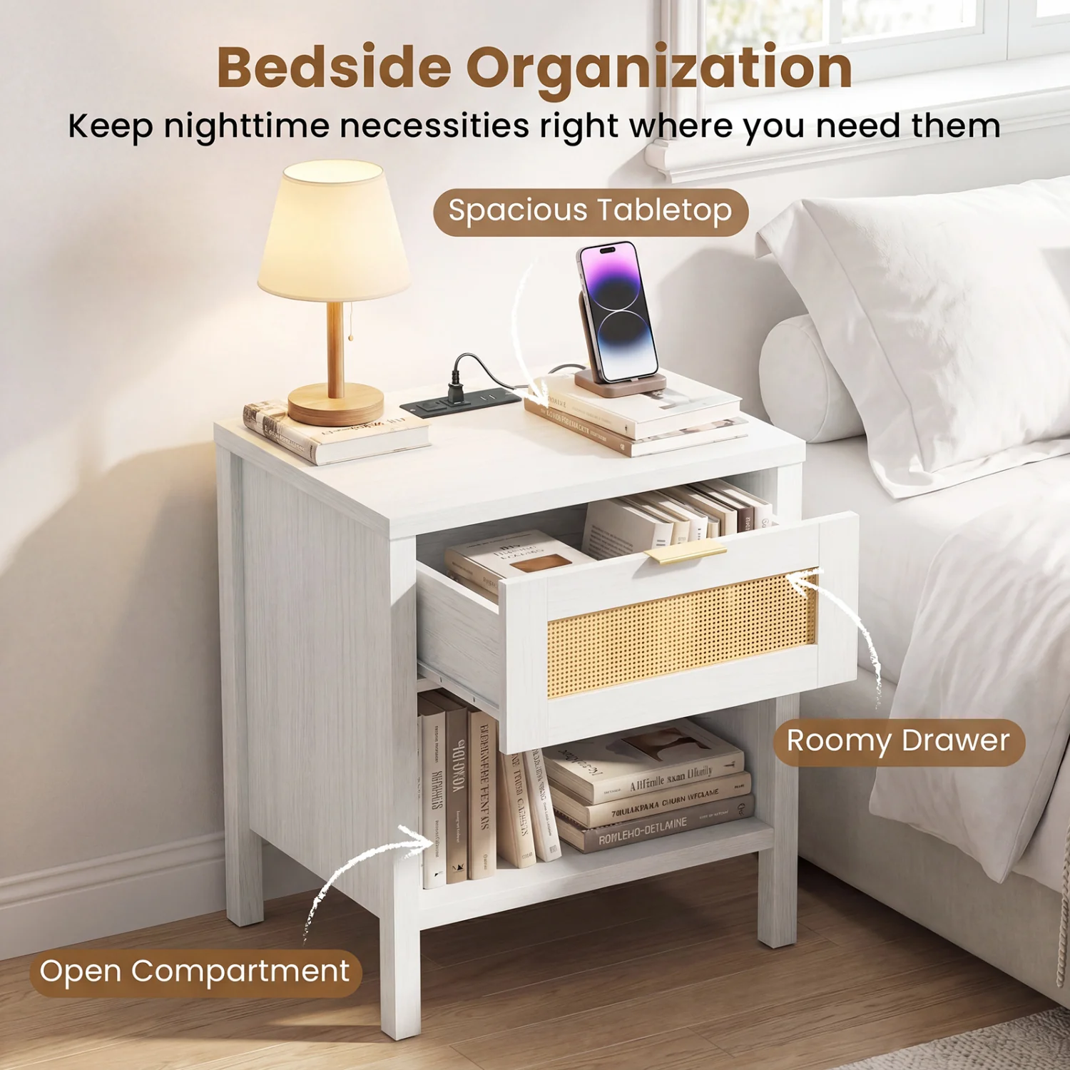 Rattan Nightstand with Charging Station, White - Image 8