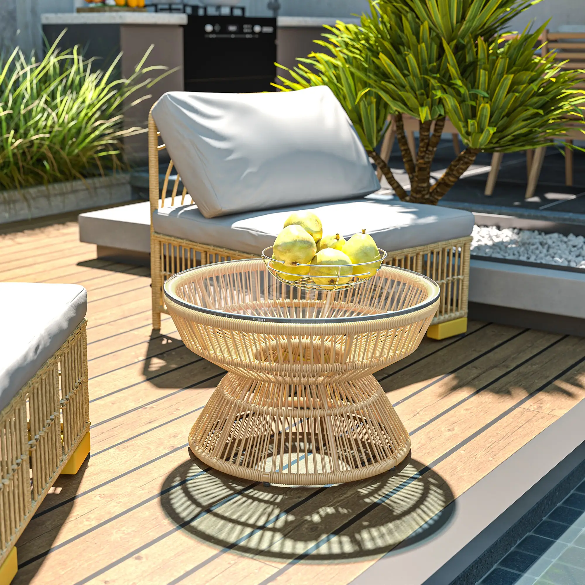 Rattan Outdoor Coffee Table, Tempered Glass Top, Steel Frame, Wicker Furniture - Image 2