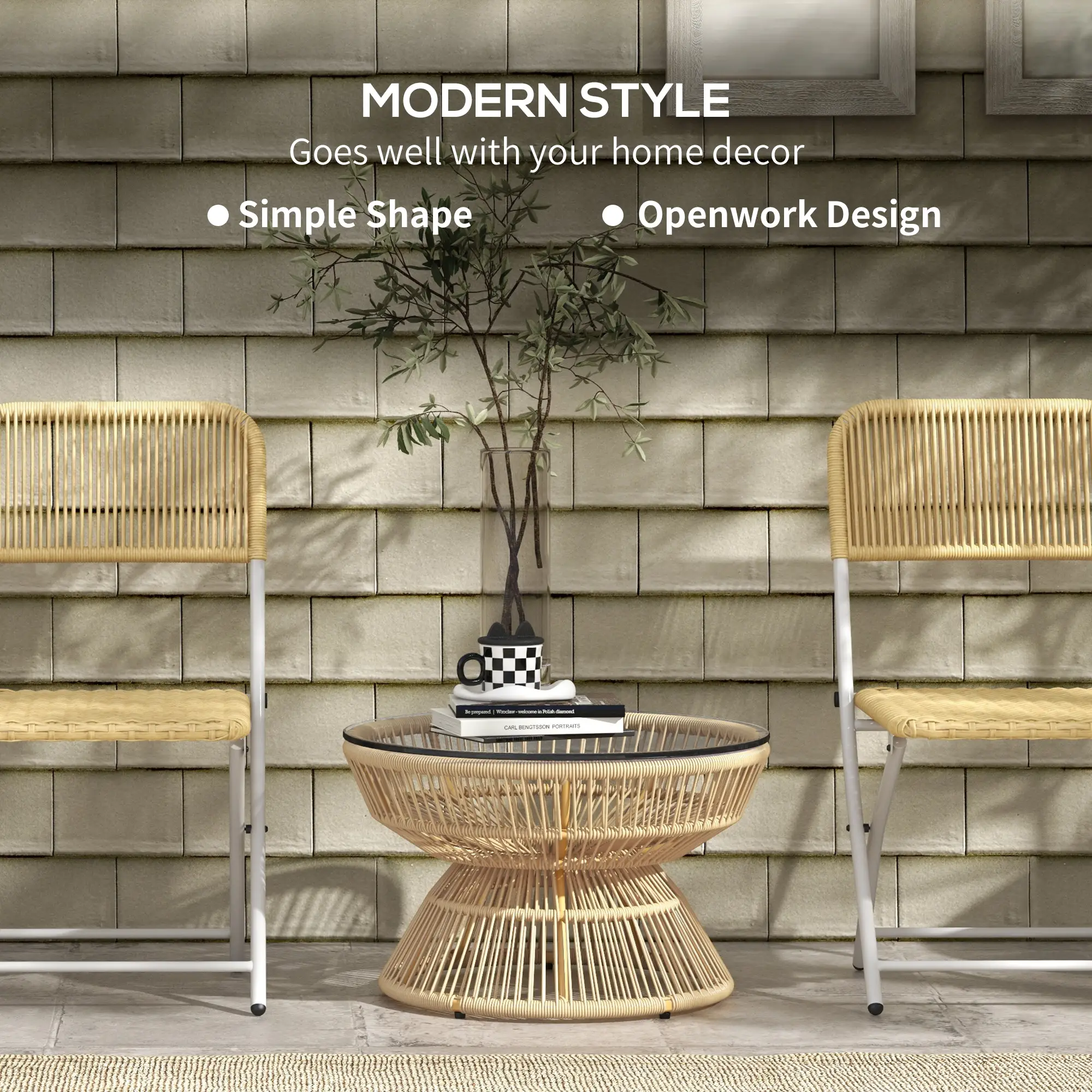 Rattan Outdoor Coffee Table, Tempered Glass Top, Steel Frame, Wicker Furniture - Image 4