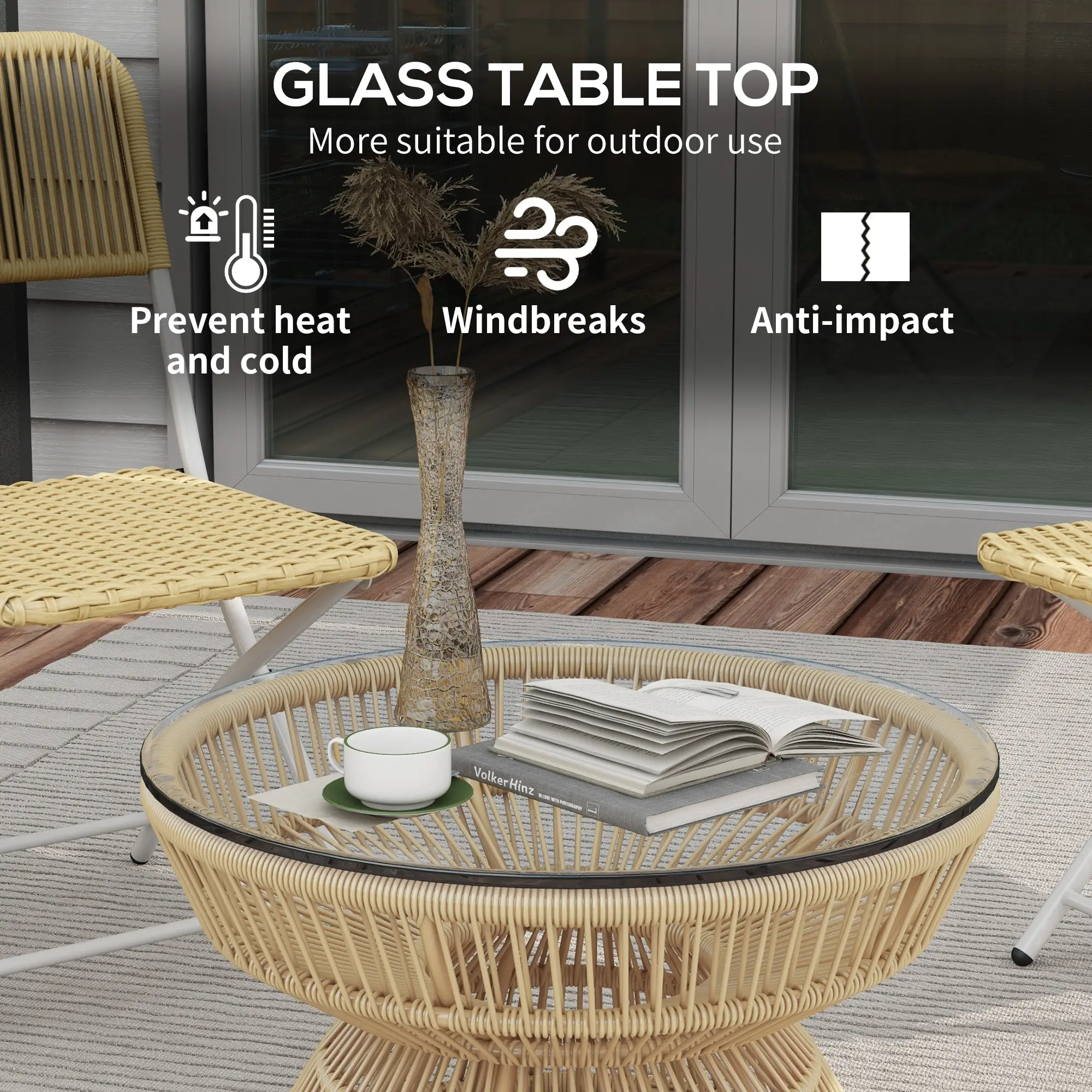 Rattan Outdoor Coffee Table, Tempered Glass Top, Steel Frame, Wicker Furniture - Image 5