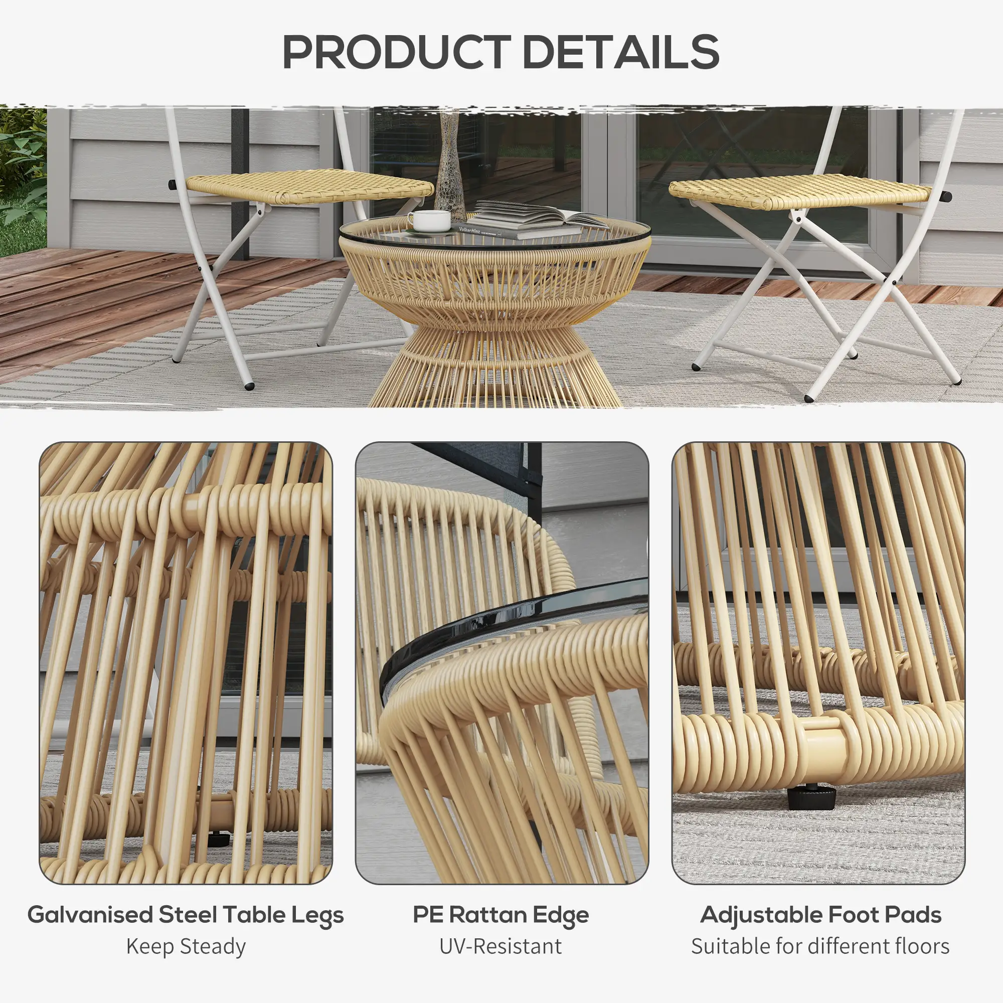 Rattan Outdoor Coffee Table, Tempered Glass Top, Steel Frame, Wicker Furniture - Image 6