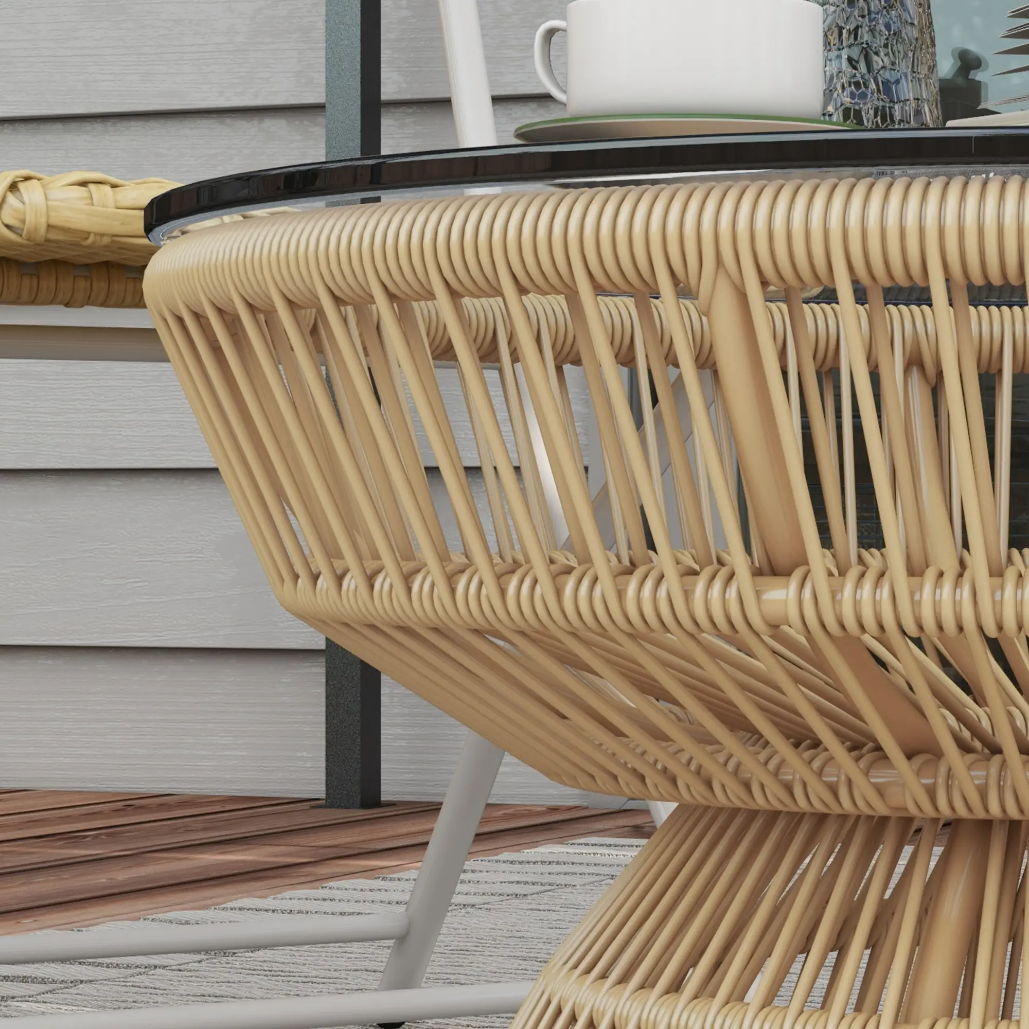 Rattan Outdoor Coffee Table, Tempered Glass Top, Steel Frame, Wicker Furniture - Image 9