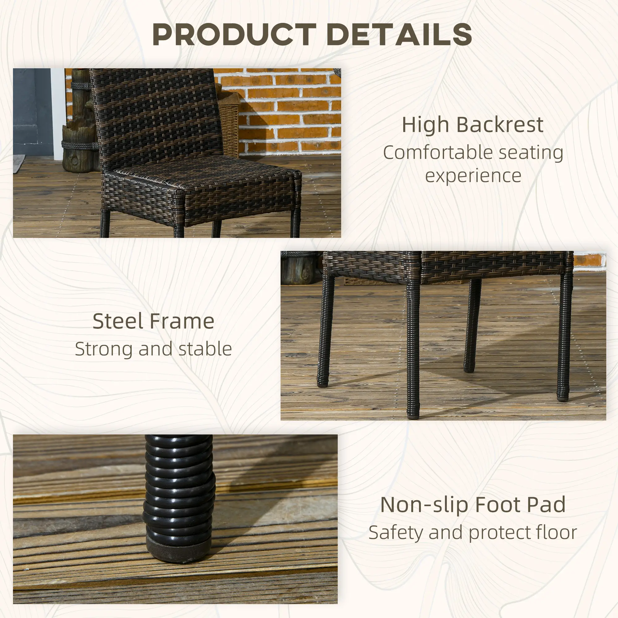 Rattan Outdoor Dining Chairs with Cushion, Patio Wicker Chair, Brown - Image 6