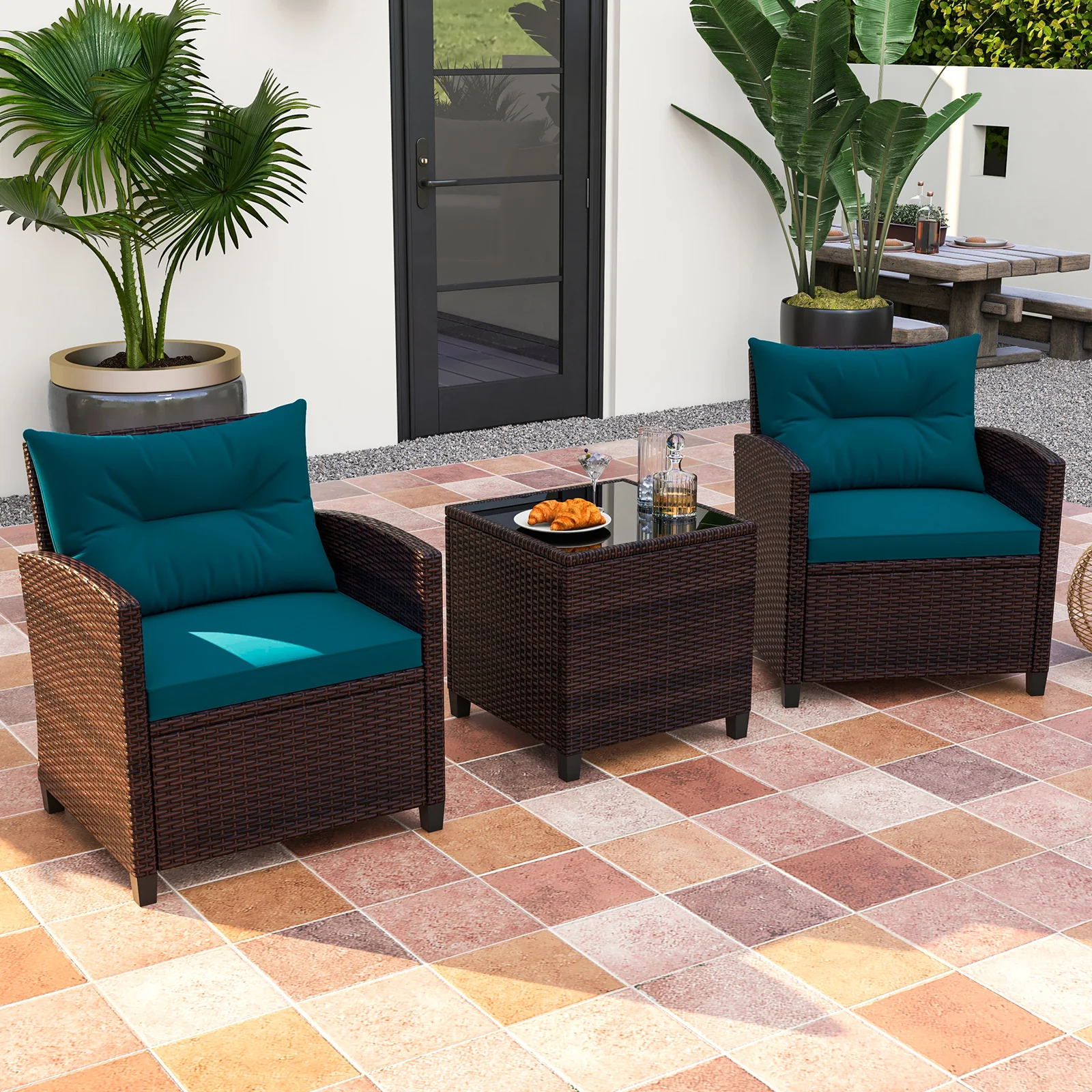 Rattan Patio Furniture Set, 3 Pieces, Washable Cushion, Peacock Blue - Image 2