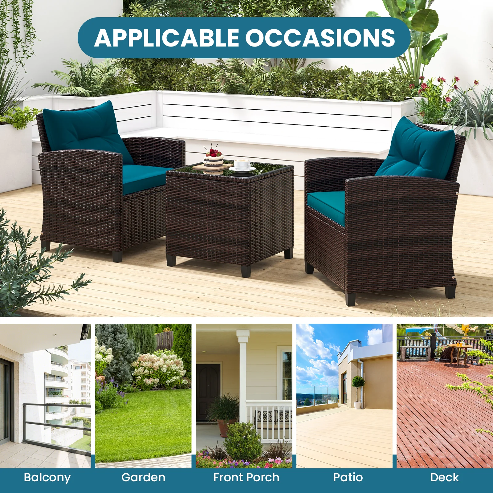 Rattan Patio Furniture Set, 3 Pieces, Washable Cushion, Peacock Blue - Image 3