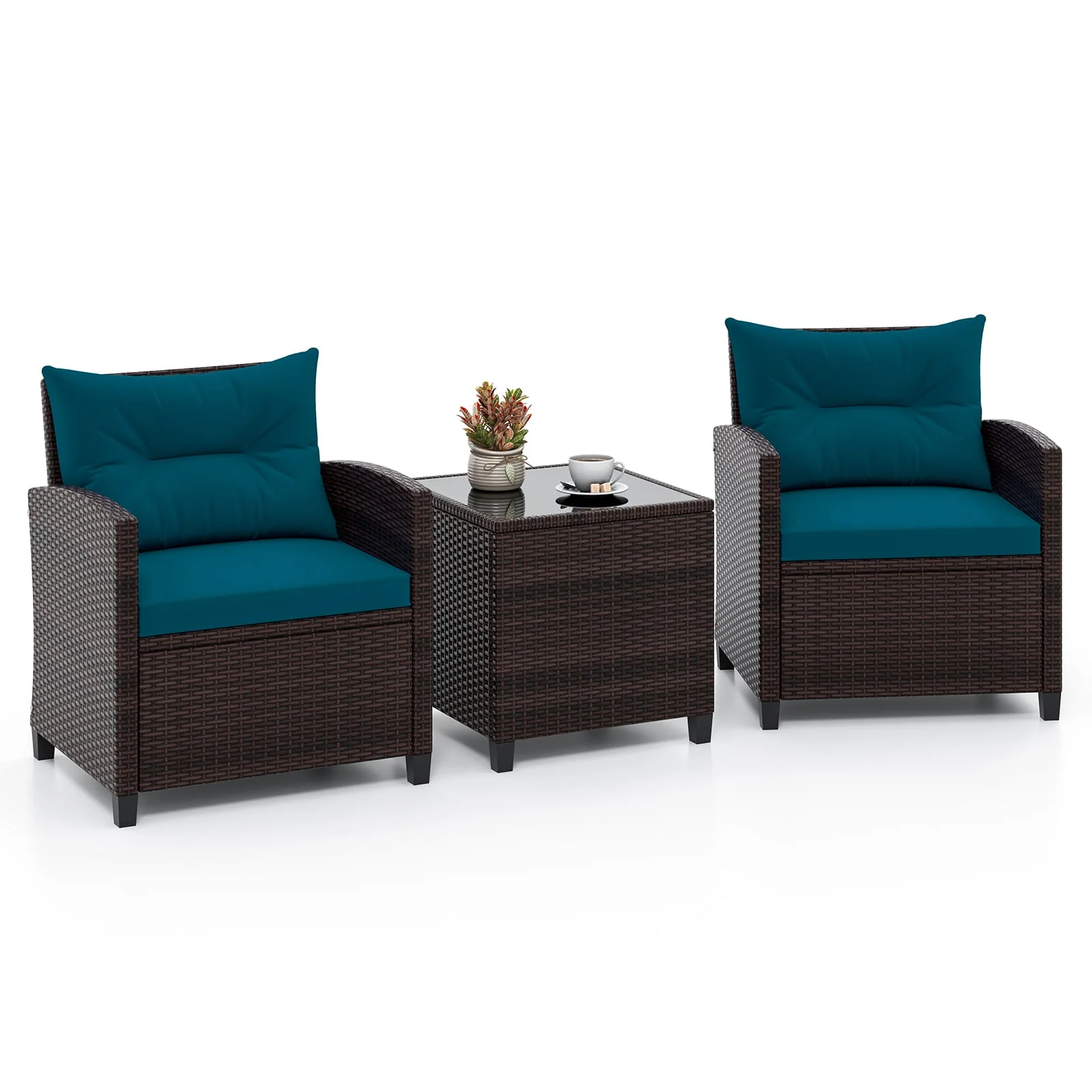 Rattan Patio Furniture Set, 3 Pieces, Washable Cushion, Peacock Blue - Image 4