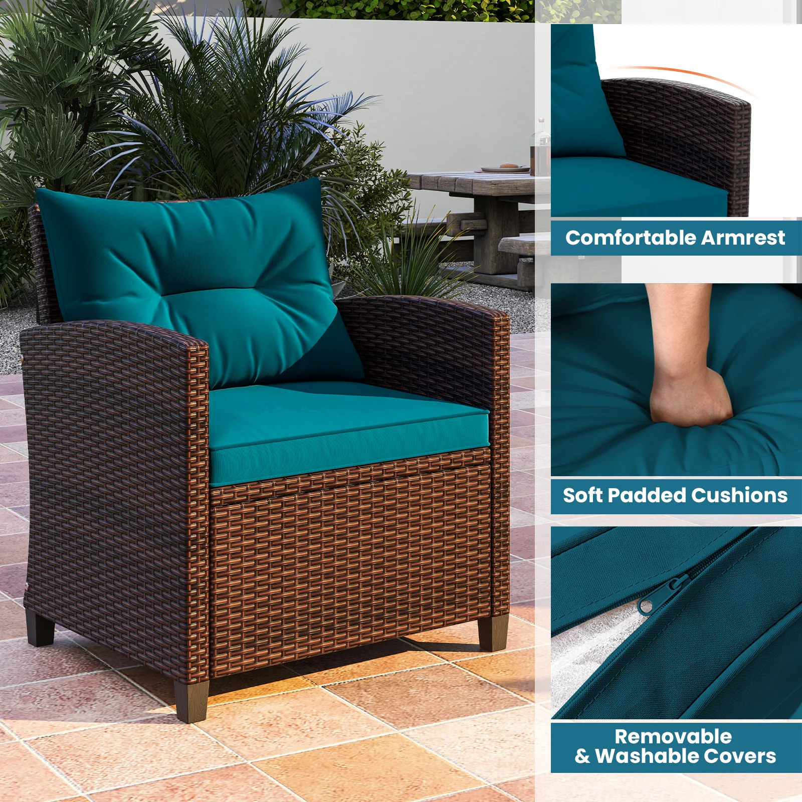Rattan Patio Furniture Set, 3 Pieces, Washable Cushion, Peacock Blue - Image 6