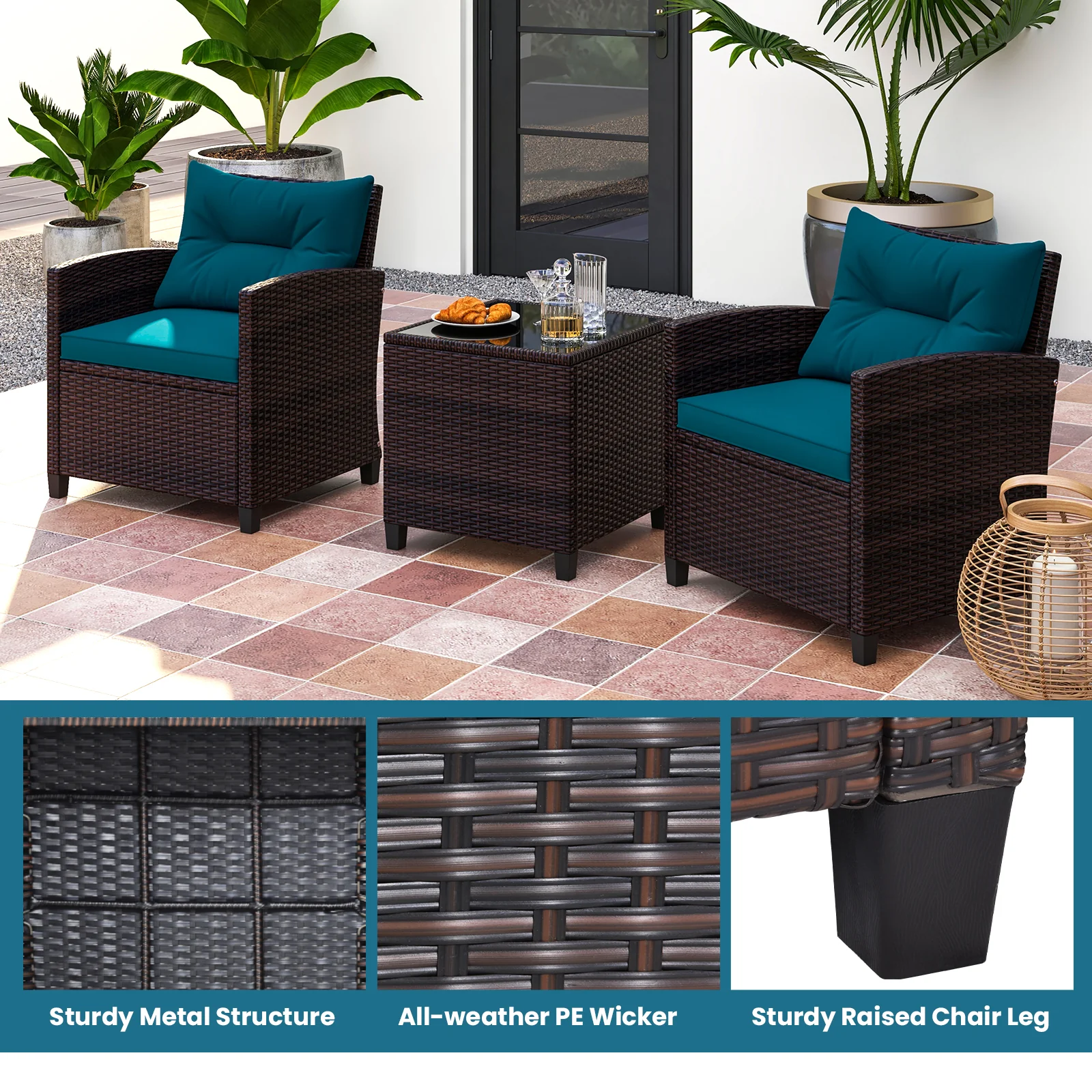 Rattan Patio Furniture Set, 3 Pieces, Washable Cushion, Peacock Blue - Image 7