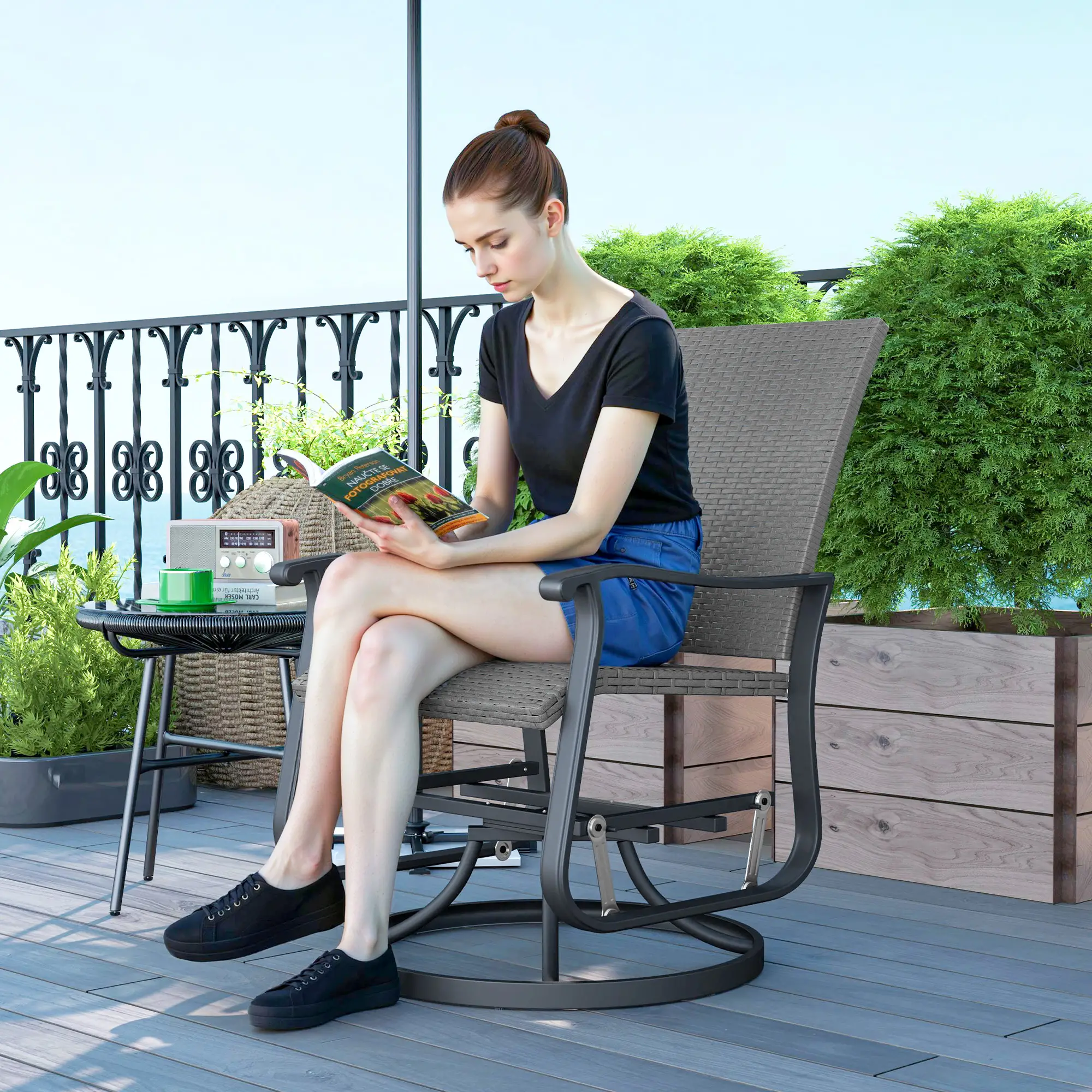 Rattan Patio Glider, Wicker Outdoor Chair, Steel Frame, Grey - Image 2