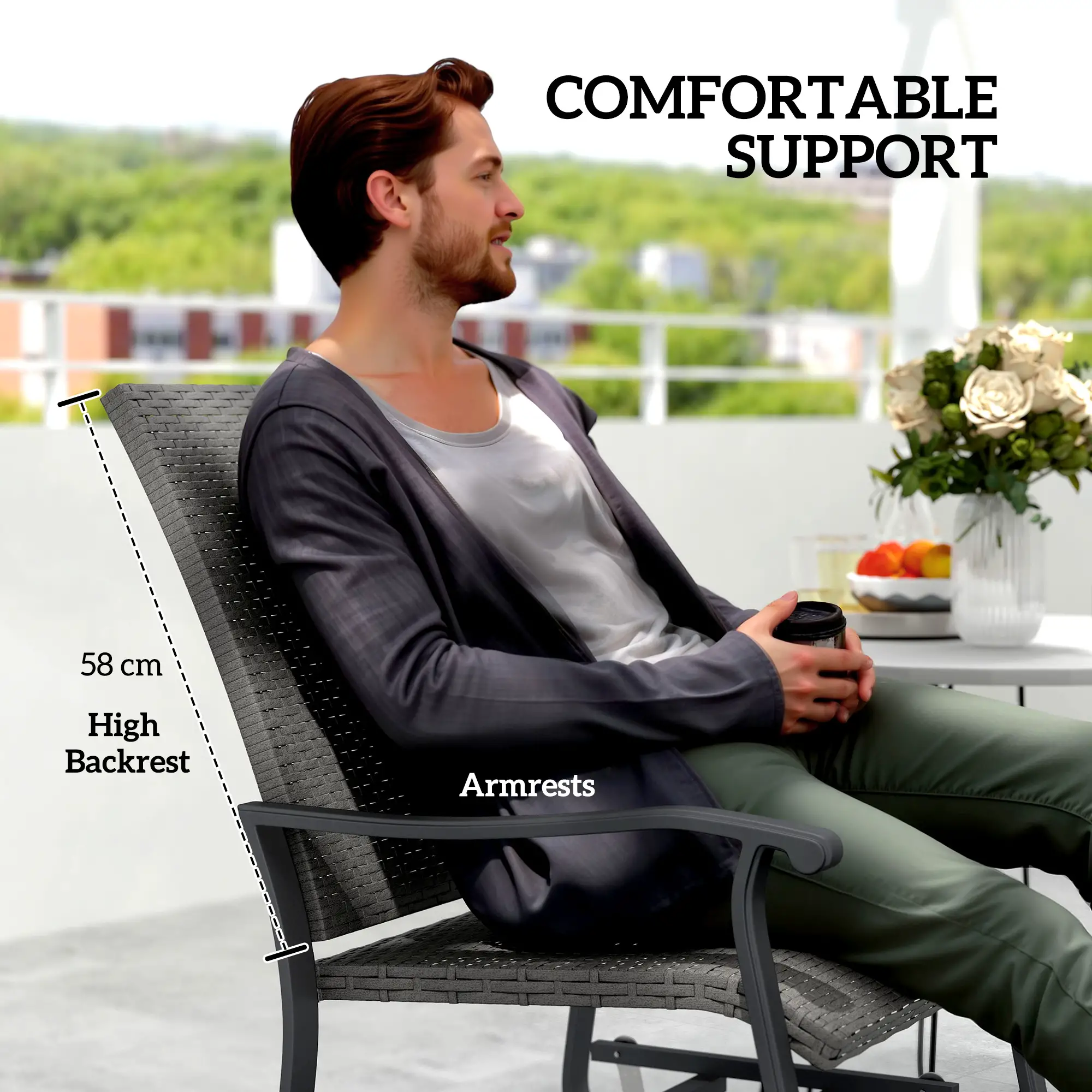 Rattan Patio Glider, Wicker Outdoor Chair, Steel Frame, Grey - Image 7