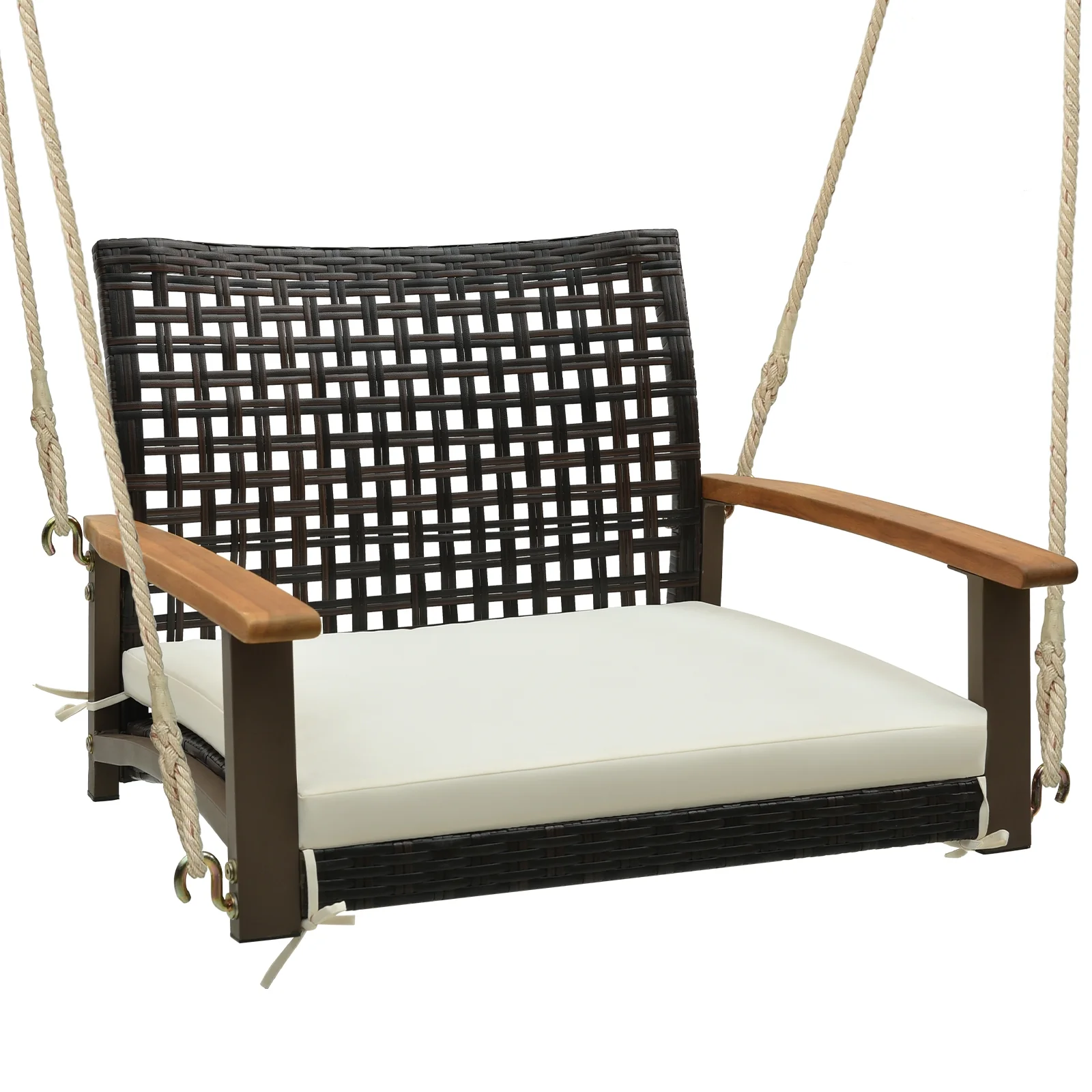 Rattan Porch Swing With Armrests Cushion, White