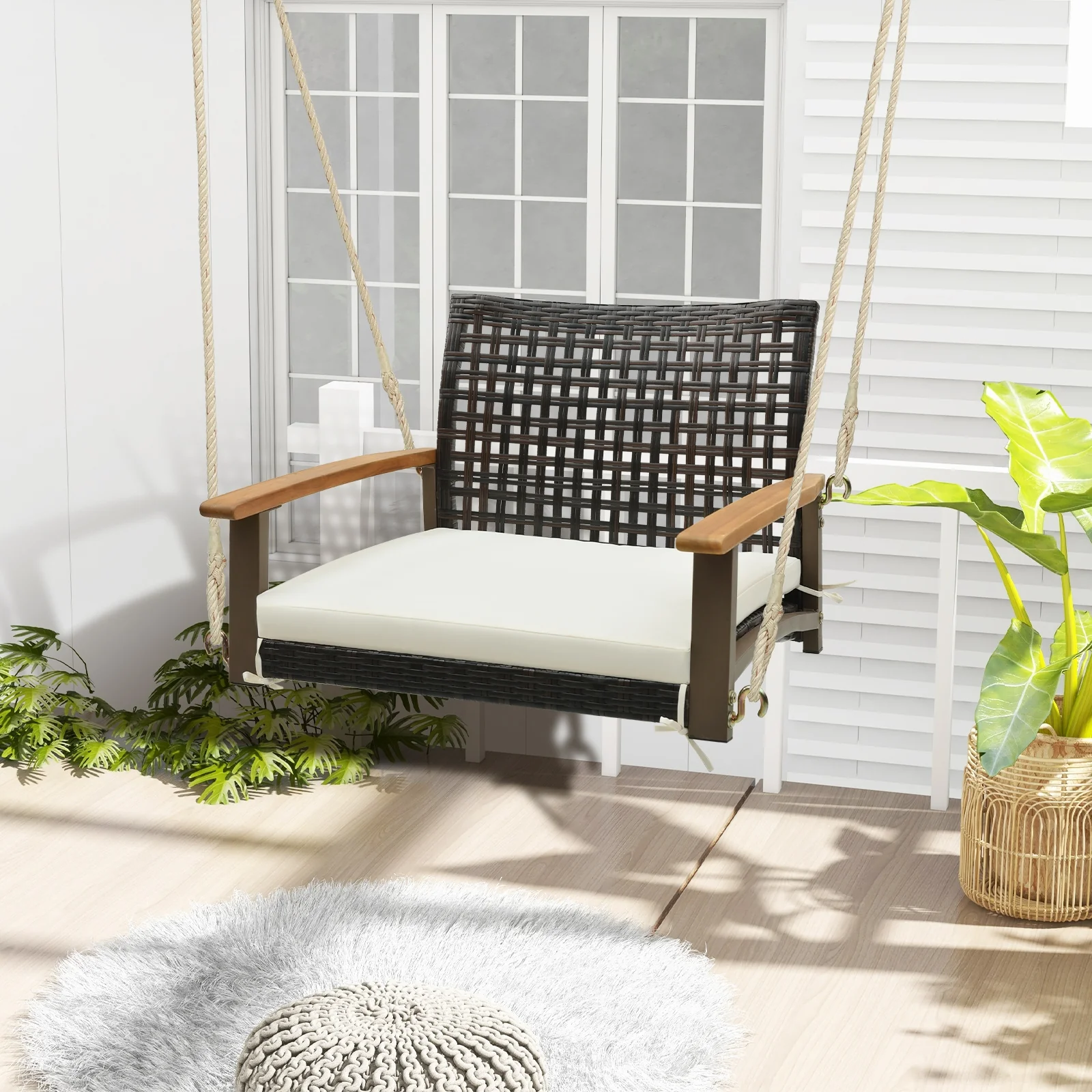 Rattan Porch Swing With Armrests Cushion, White - Image 2