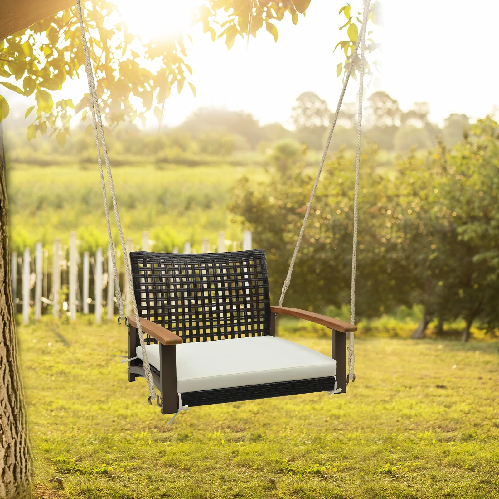 Rattan Porch Swing With Armrests Cushion, White - Image 3