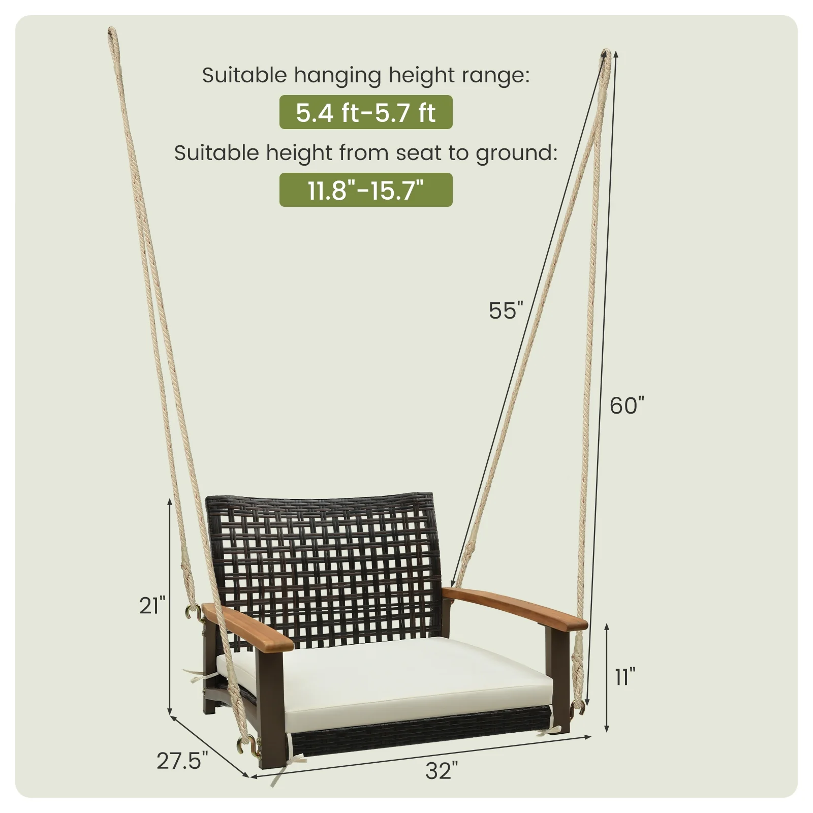 Rattan Porch Swing With Armrests Cushion, White - Image 5