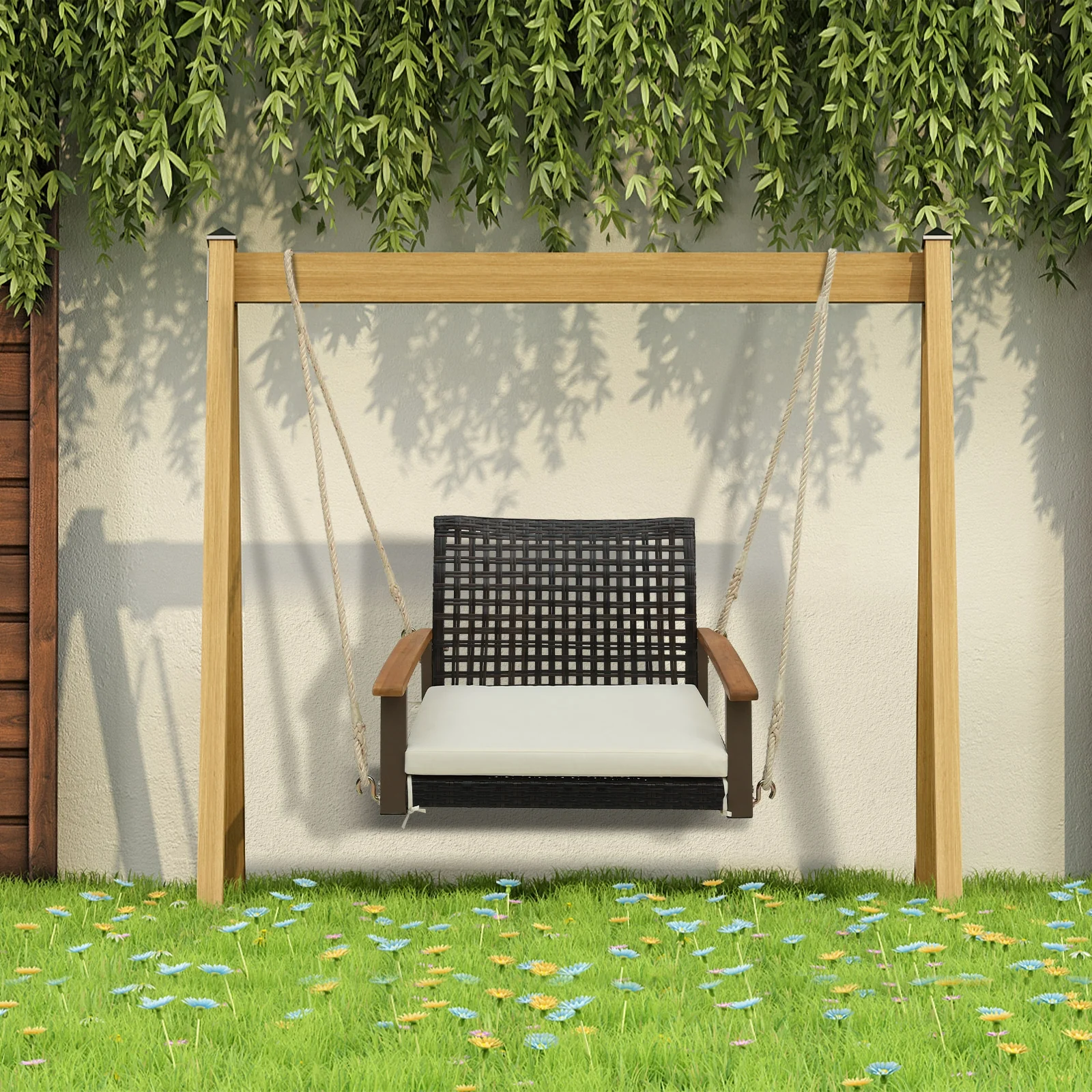 Rattan Porch Swing With Armrests Cushion, White - Image 6