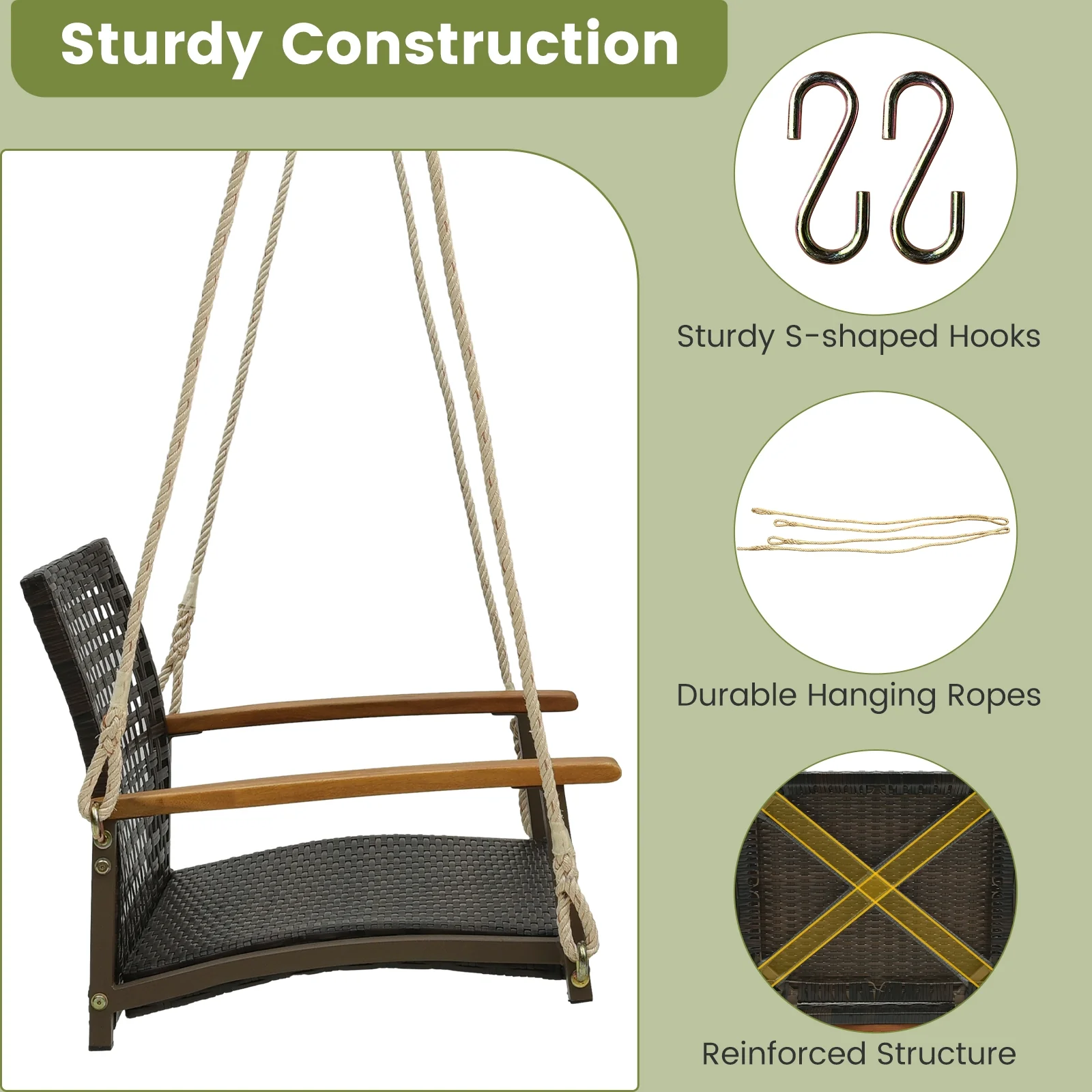 Rattan Porch Swing With Armrests Cushion, White - Image 7
