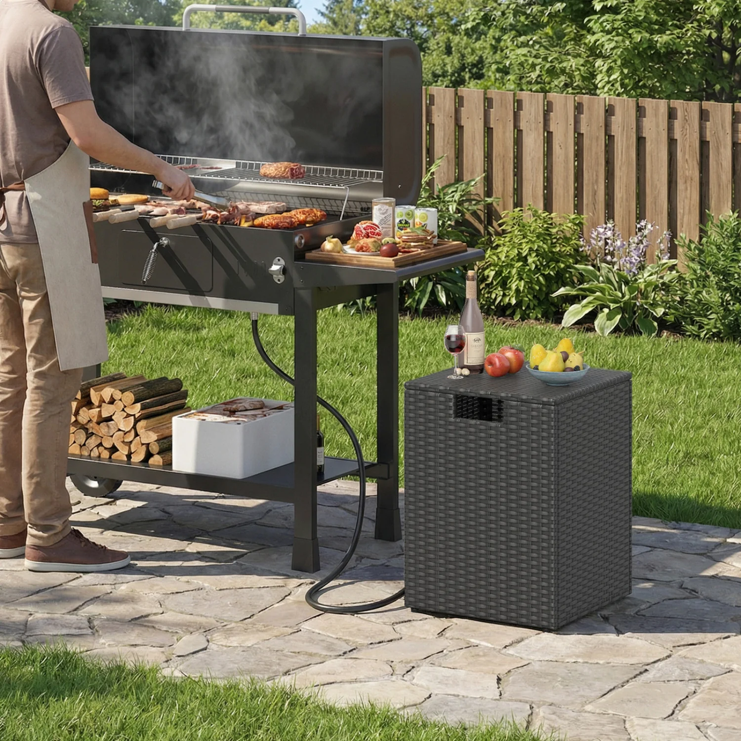Rattan Propane Tank Cover, Patio Side Table, Black - Image 2