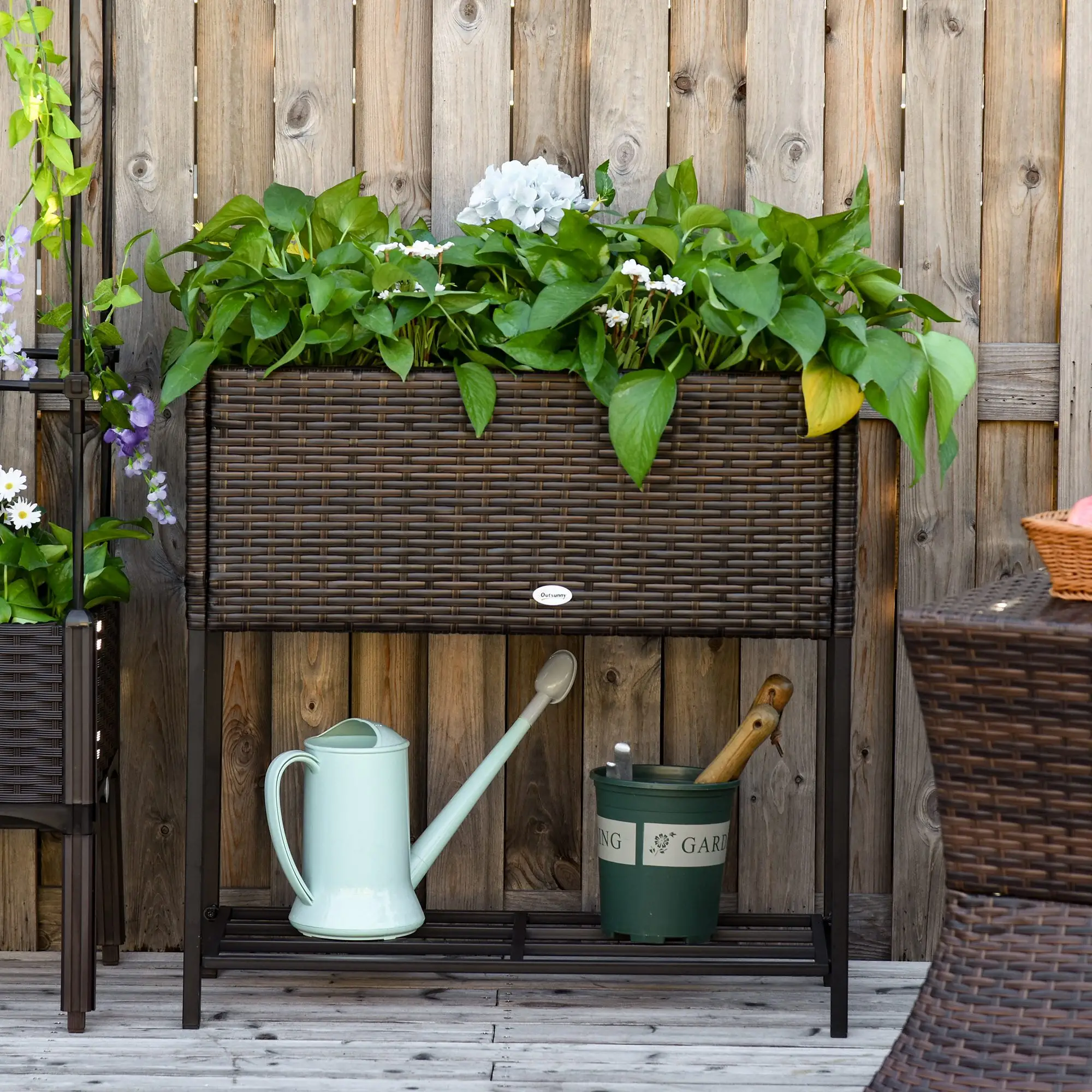Rattan Raised Garden Box, Elevated Flower Bed with Shelf, Brown