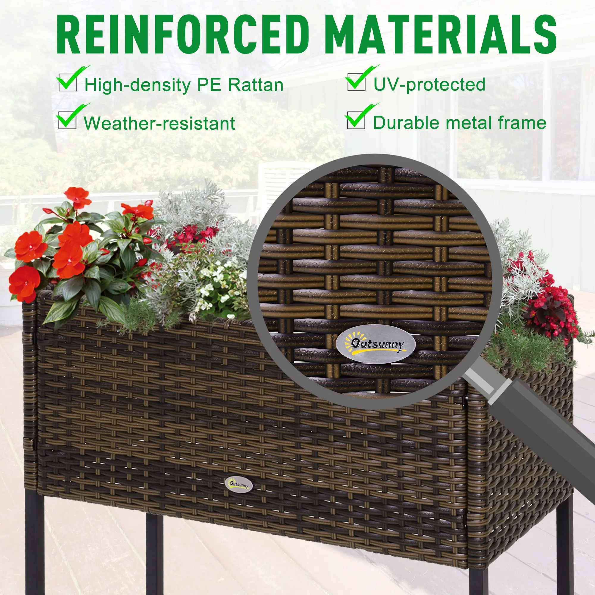 Rattan Raised Garden Box, Elevated Flower Bed with Shelf, Brown - Image 4