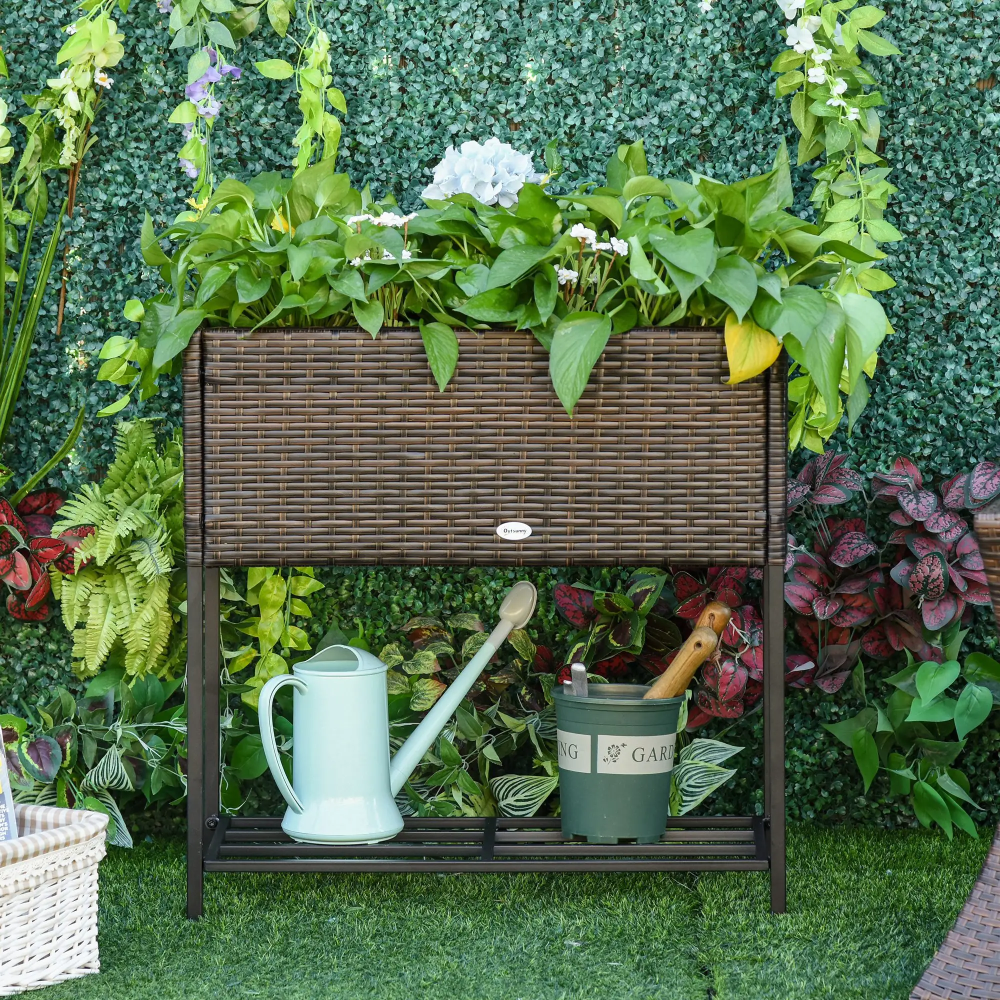 Rattan Raised Garden Box, Elevated Flower Bed with Shelf, Brown - Image 7