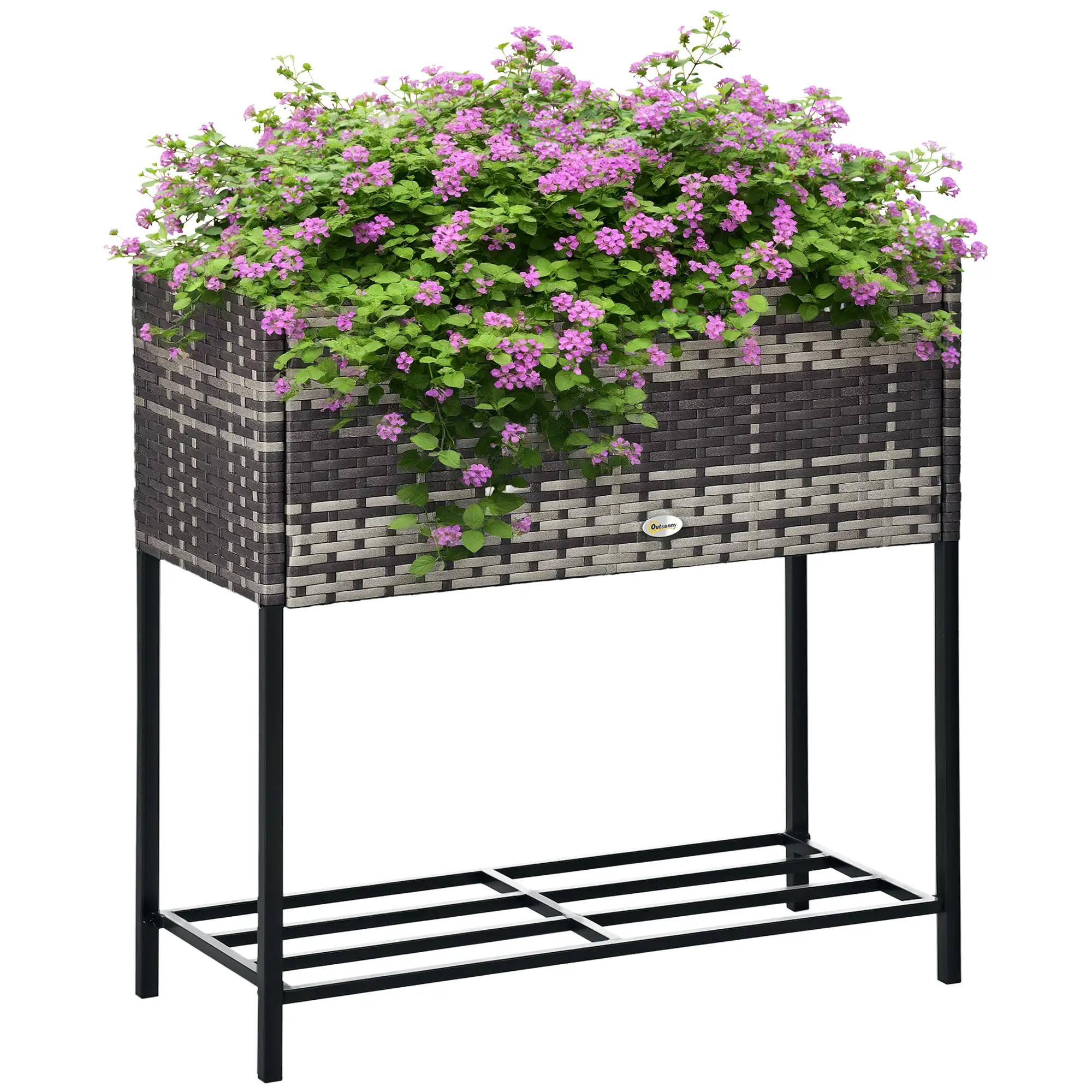 Rattan Raised Garden Box, Elevated Flower Bed with Shelf, Mixed Grey, Grey - Image 11