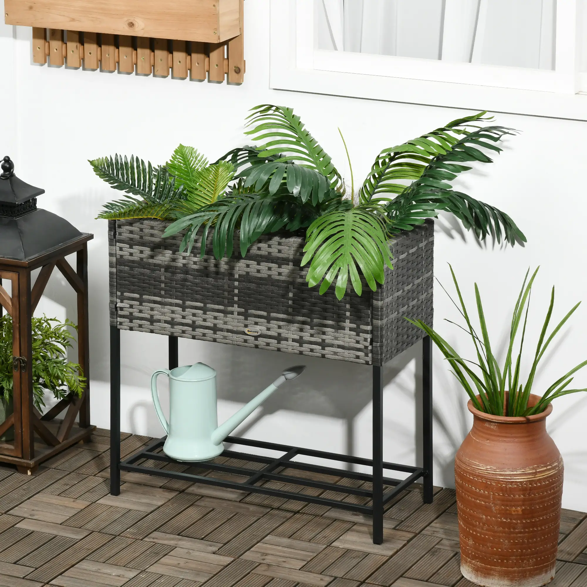 Rattan Raised Garden Box, Elevated Flower Bed with Shelf, Mixed Grey, Grey - Image 2
