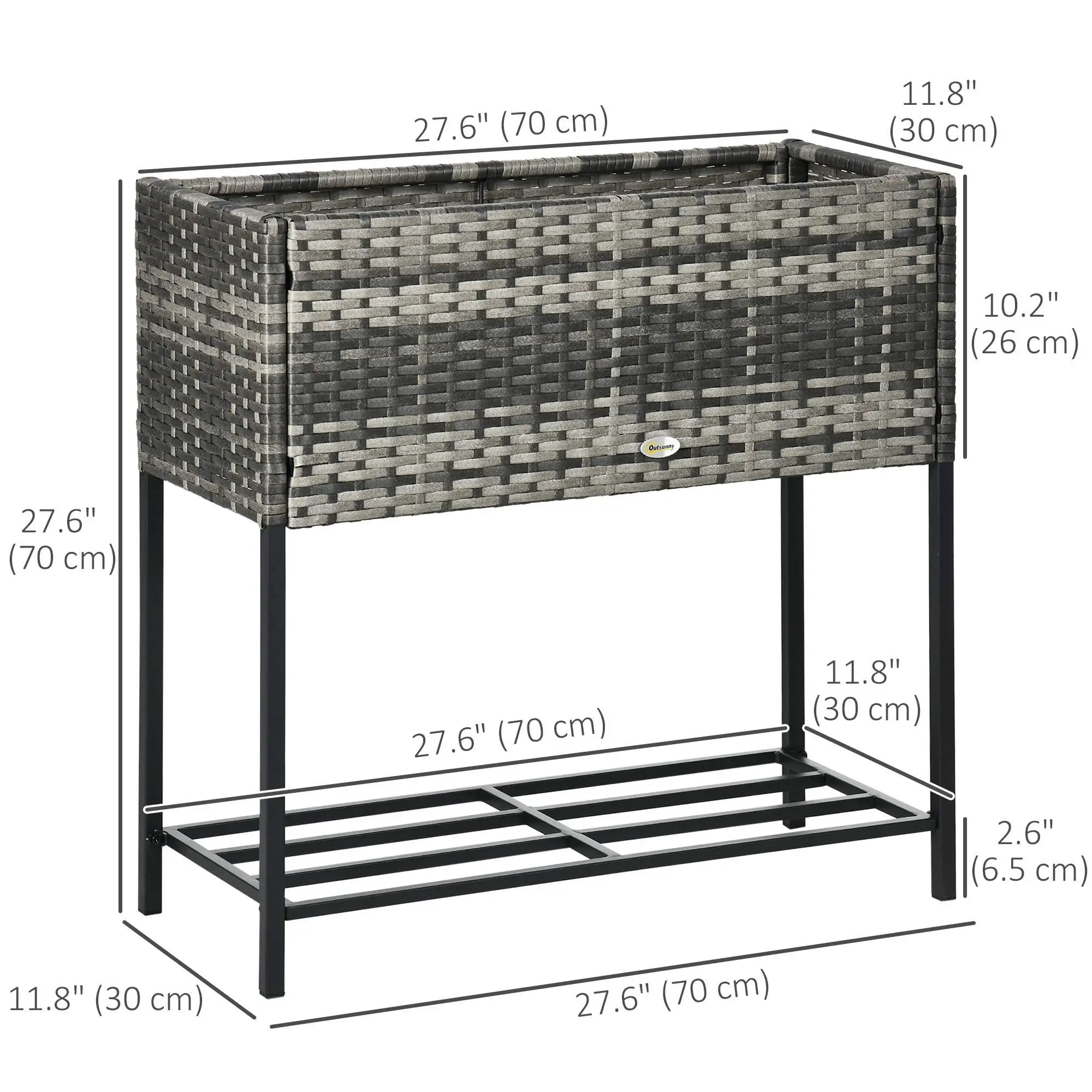Rattan Raised Garden Box, Elevated Flower Bed with Shelf, Mixed Grey, Grey - Image 3