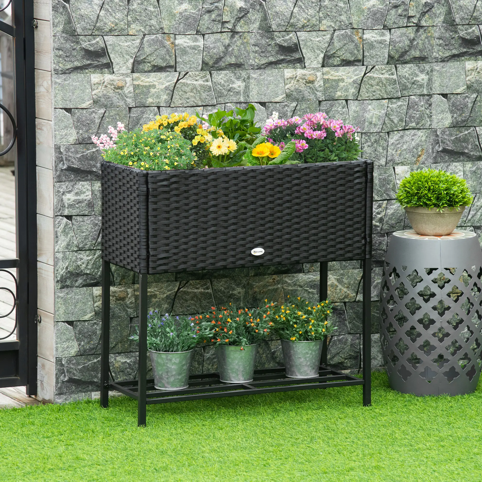 Rattan Raised Garden Box, Elevated Flower Bed with Storage, Black - Image 14