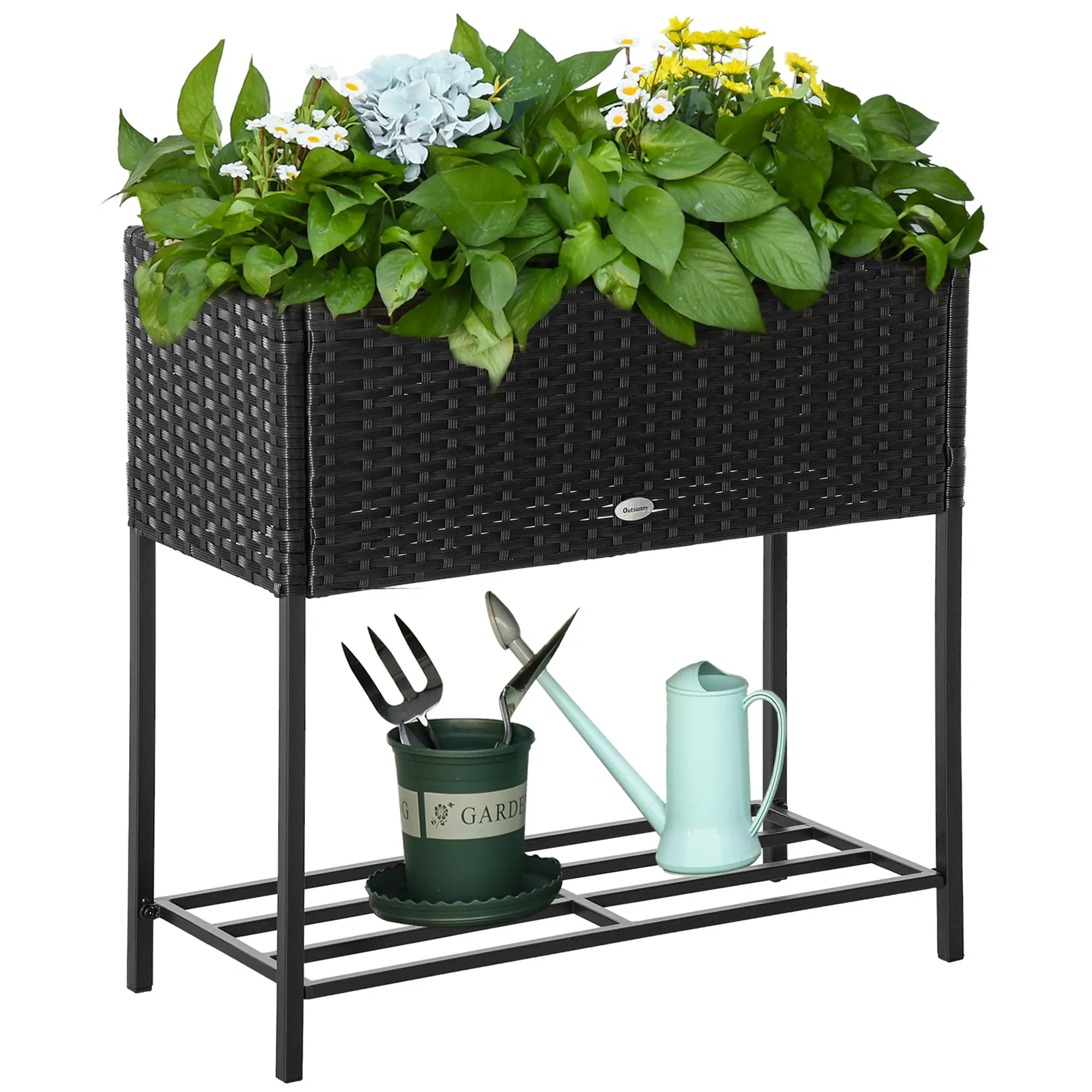 Rattan Raised Garden Box, Elevated Flower Bed with Storage, Black - Image 15