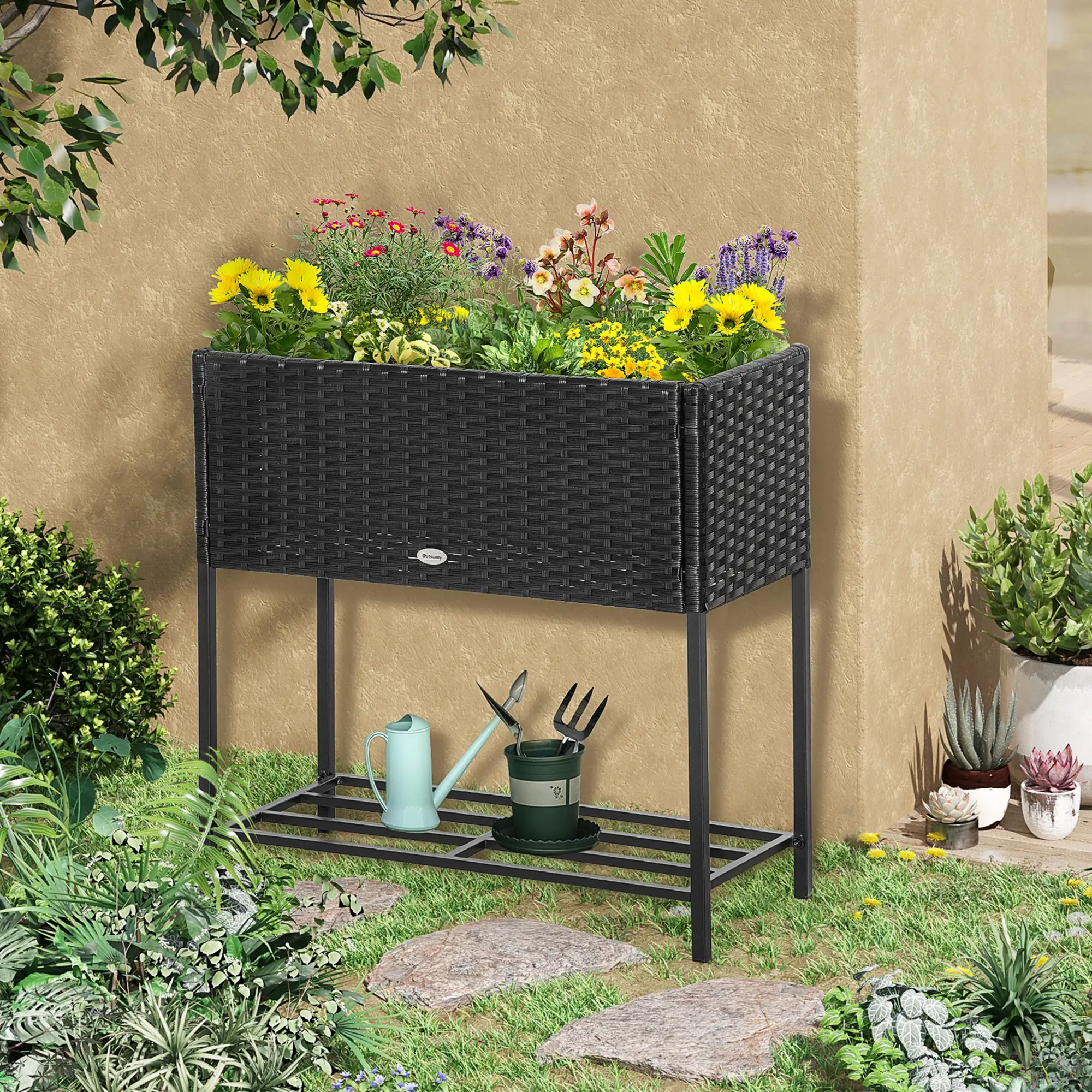 Rattan Raised Garden Box, Elevated Flower Bed with Storage, Black - Image 2