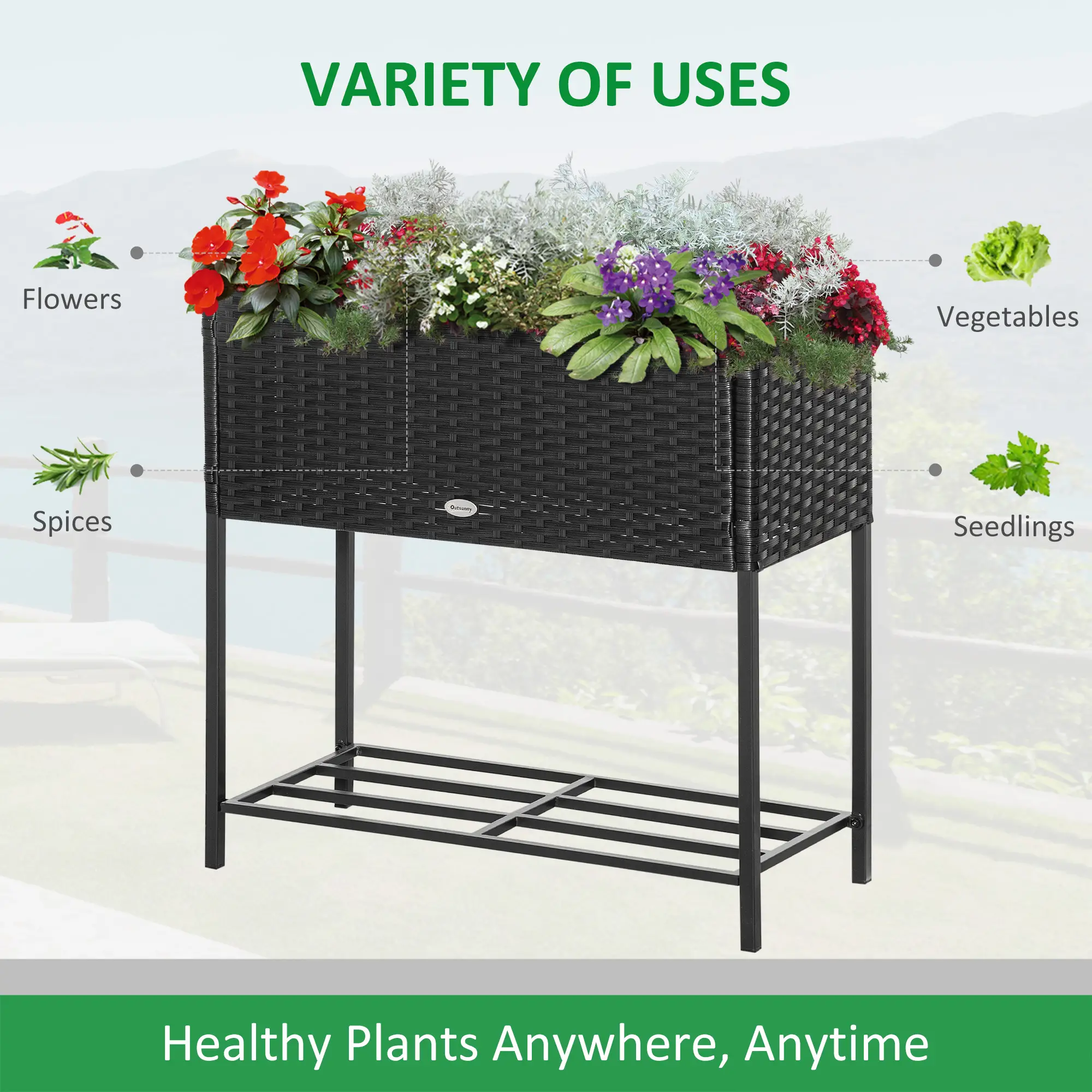 Rattan Raised Garden Box, Elevated Flower Bed with Storage, Black - Image 4