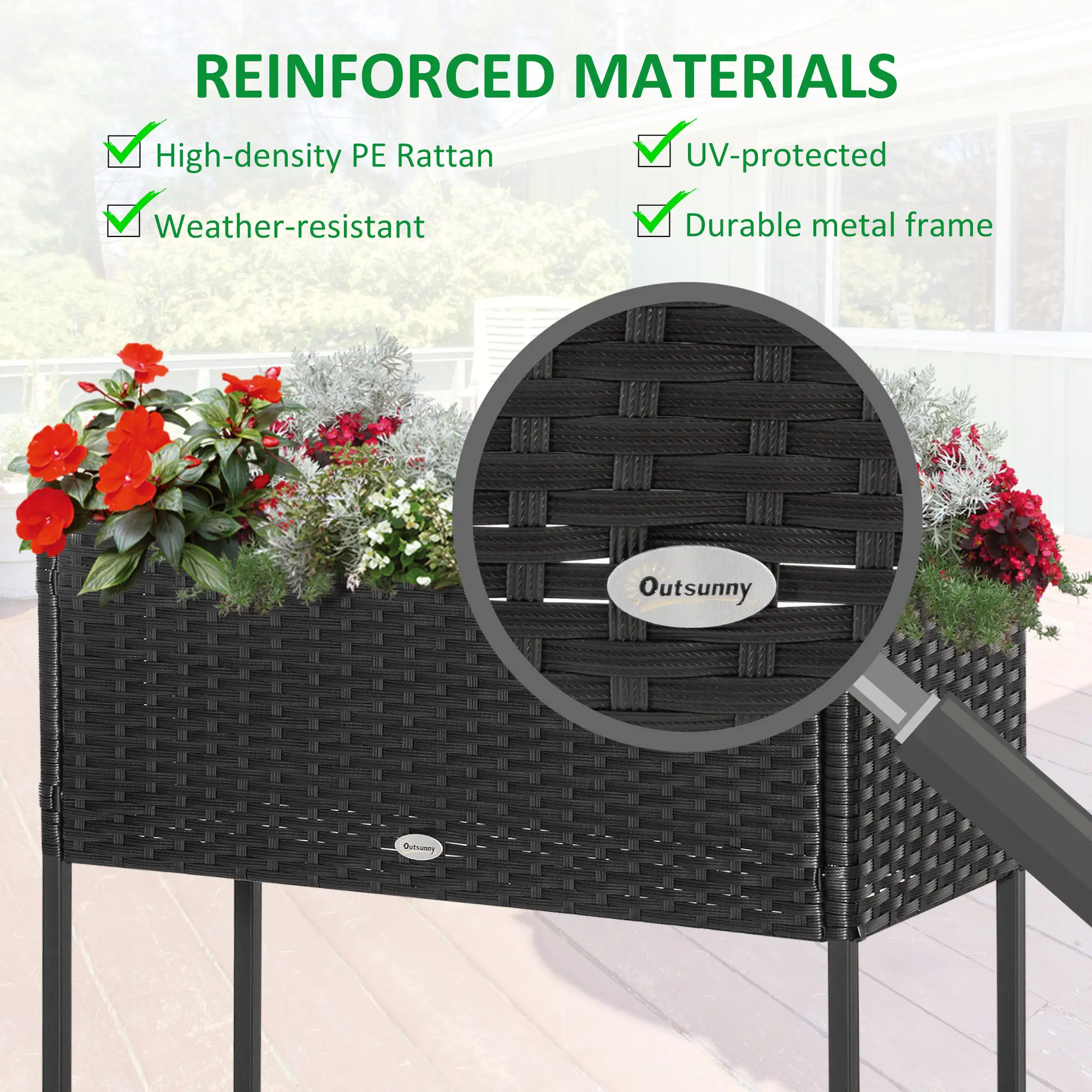 Rattan Raised Garden Box, Elevated Flower Bed with Storage, Black - Image 5