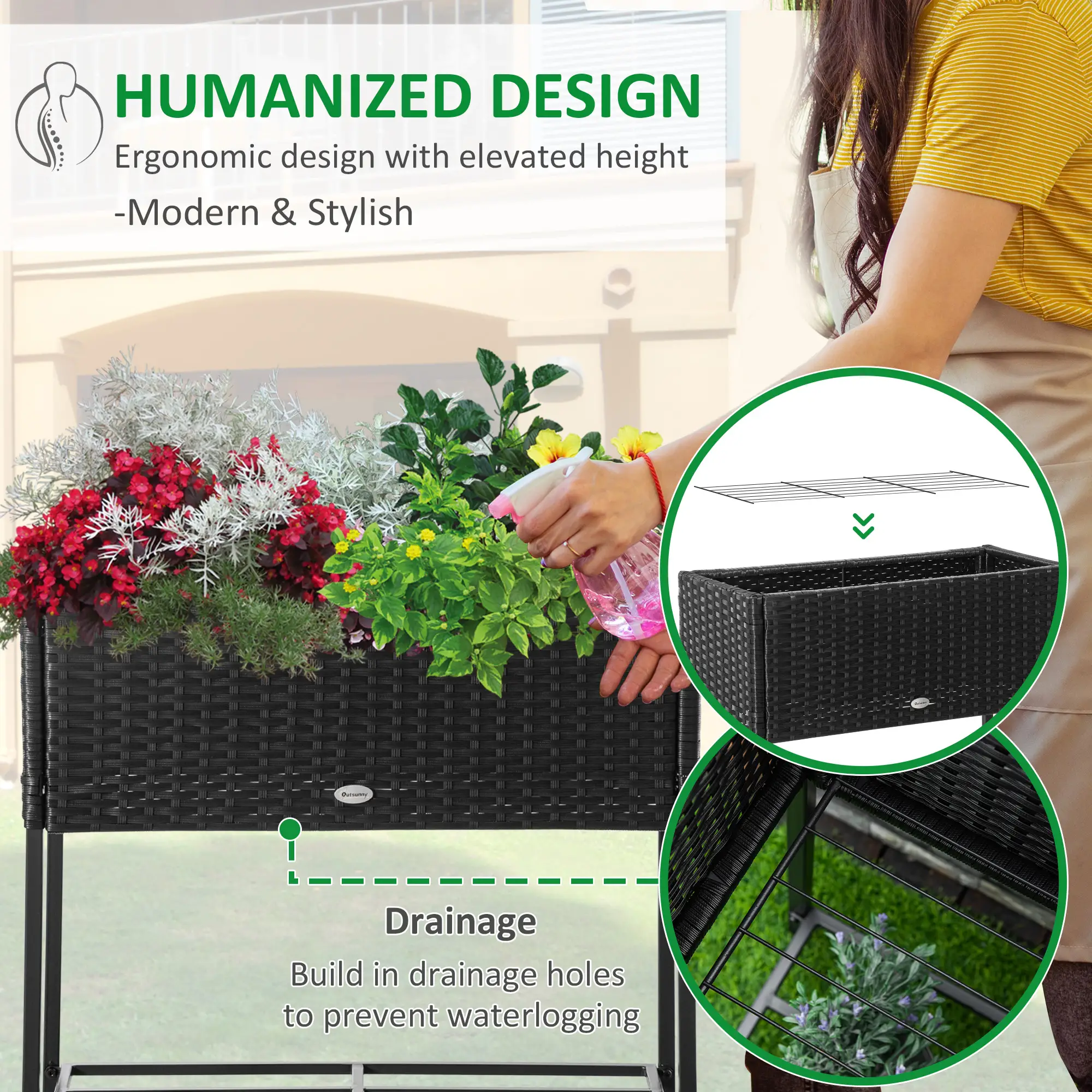 Rattan Raised Garden Box, Elevated Flower Bed with Storage, Black - Image 6