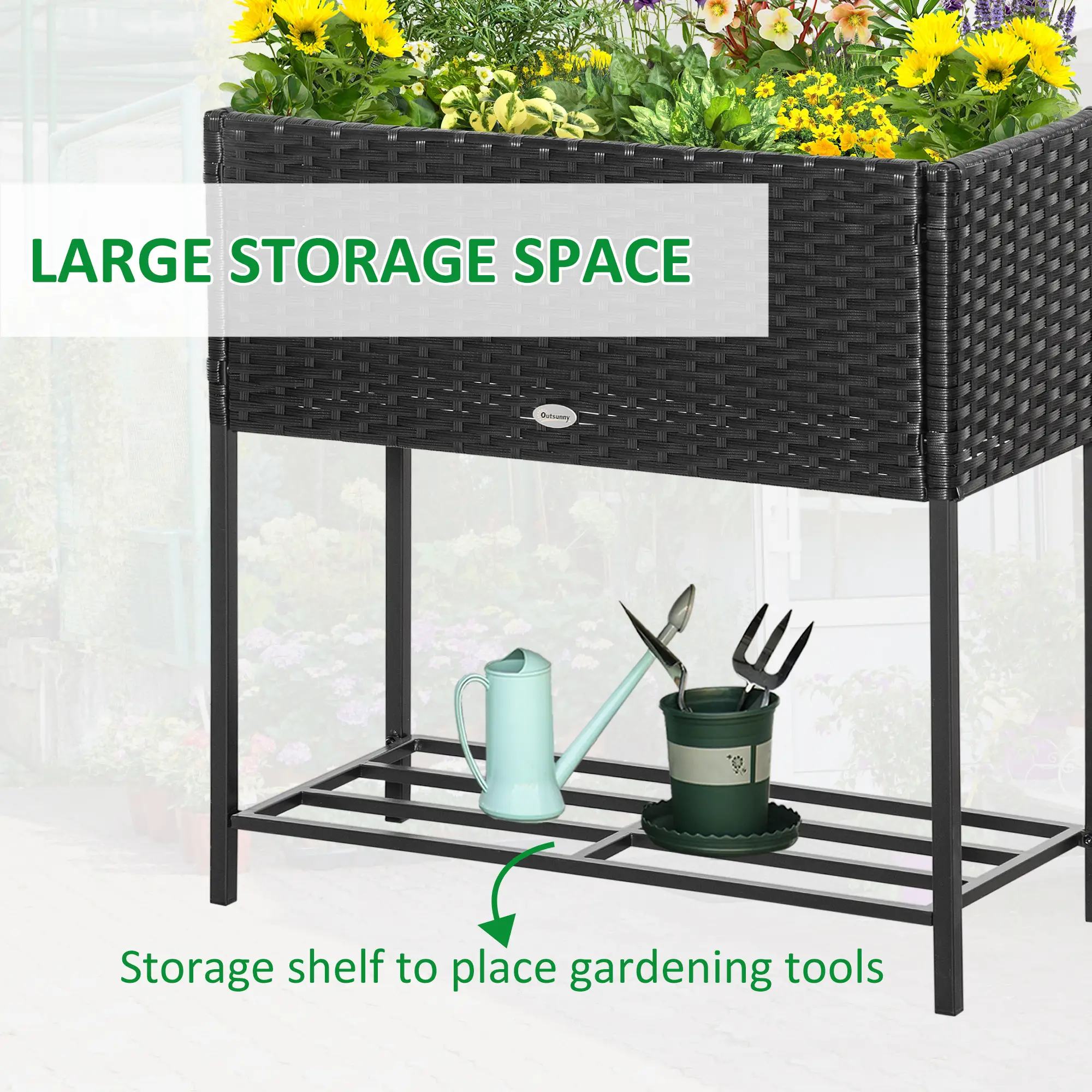 Rattan Raised Garden Box, Elevated Flower Bed with Storage, Black - Image 7