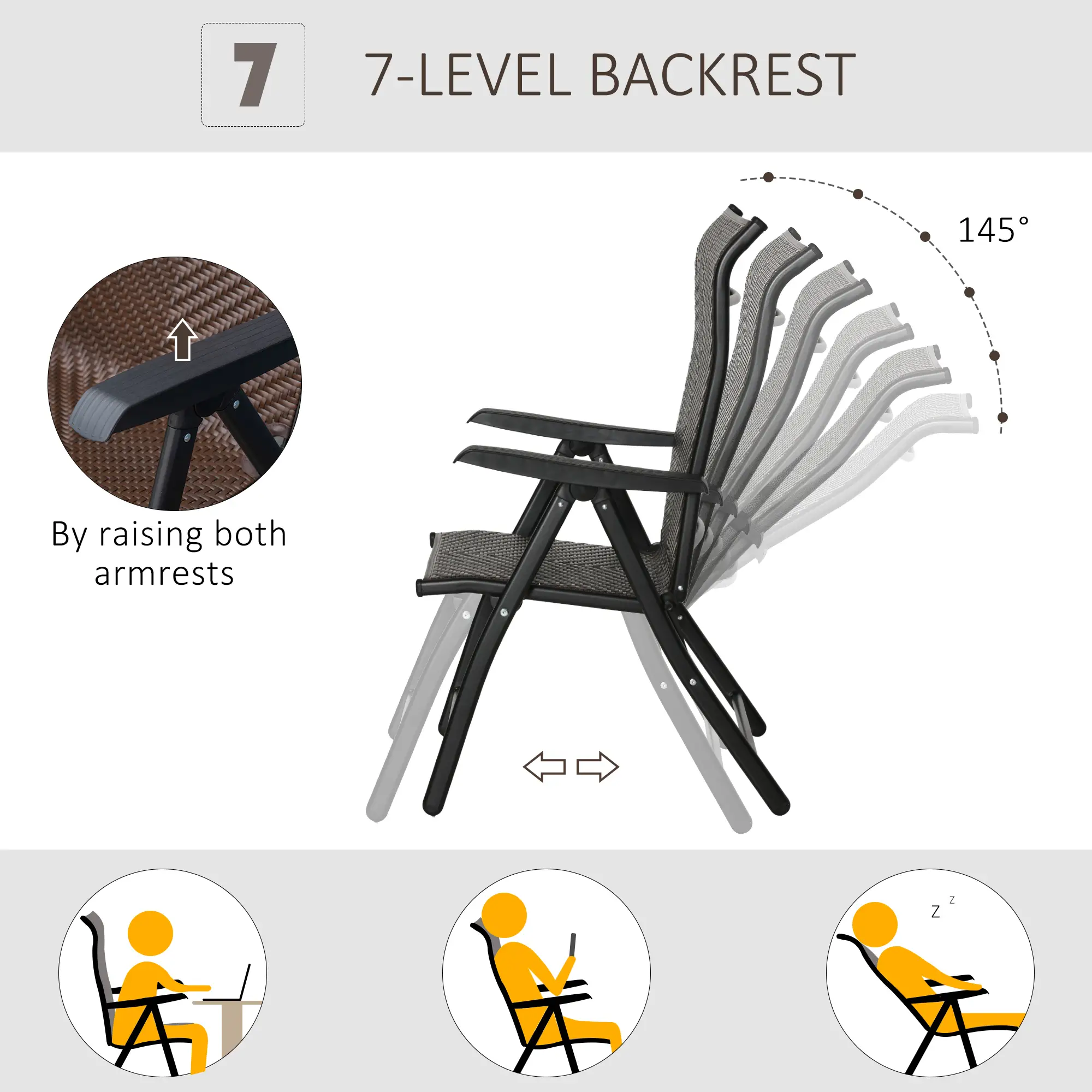 Rattan Reclining Folding Chair, Outdoor Wicker Recliner, 7 Adjustable Positions, Brown - Image 5