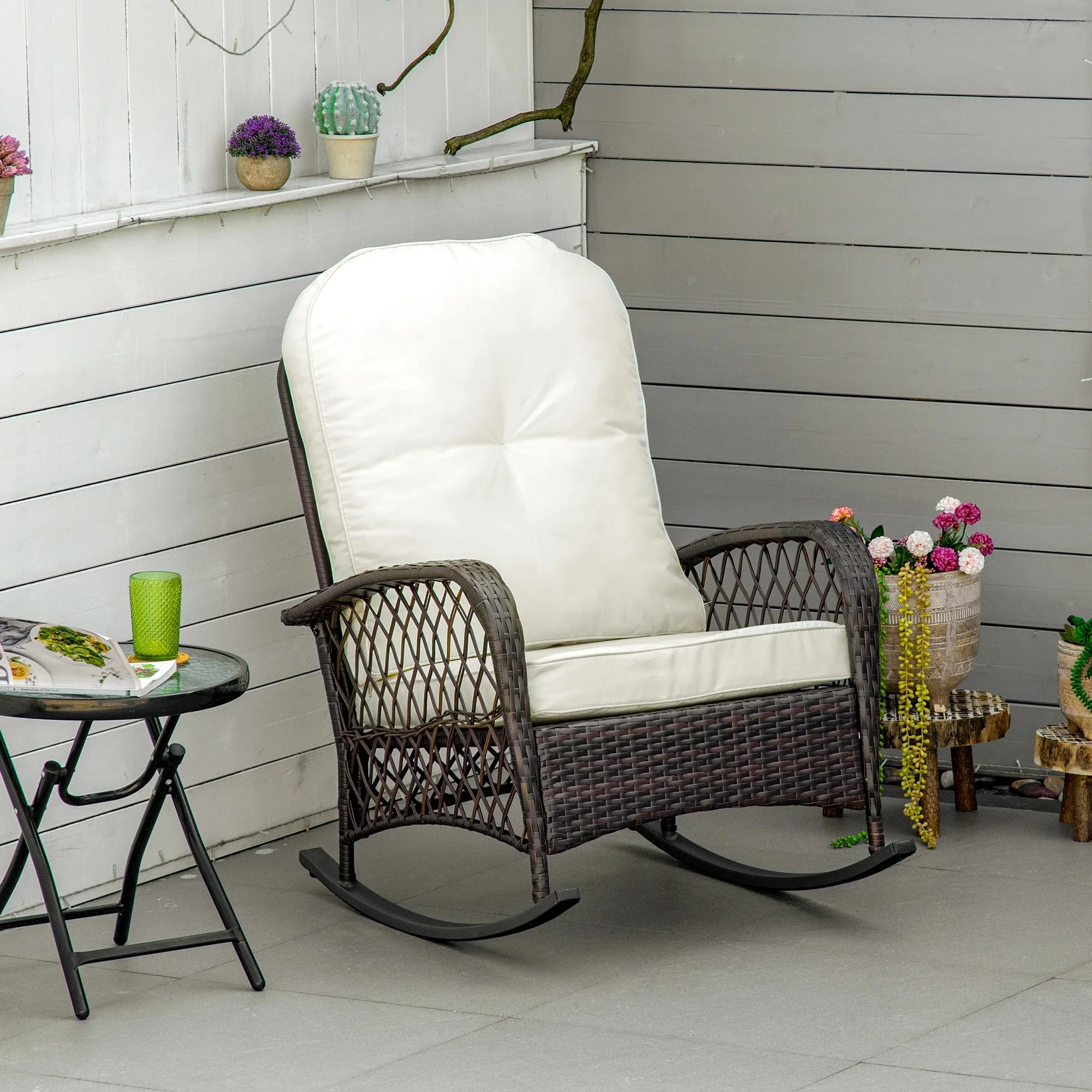 Rattan Rocking Chair, Outdoor Wicker Patio Furniture with Cushions, Cream White - Image 2
